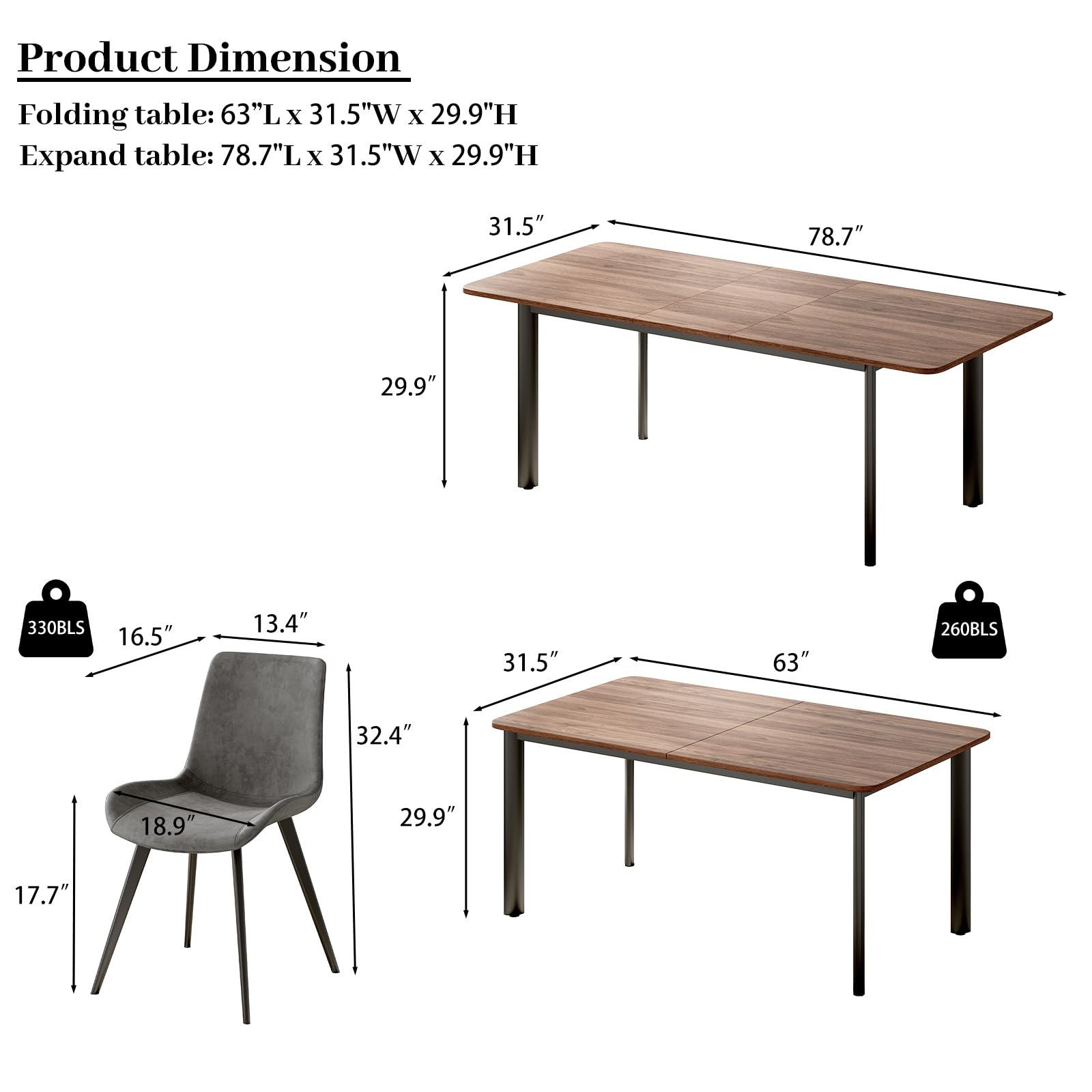 Condition photo showing New/Like New for 63"- 78.7" Extendable Dining Table for 6, Modern Kitchen Table Thickened Expandable MDF Wooden Table with Metal Legs for Dining Room, Kitchen, Living Room (Table Only.)