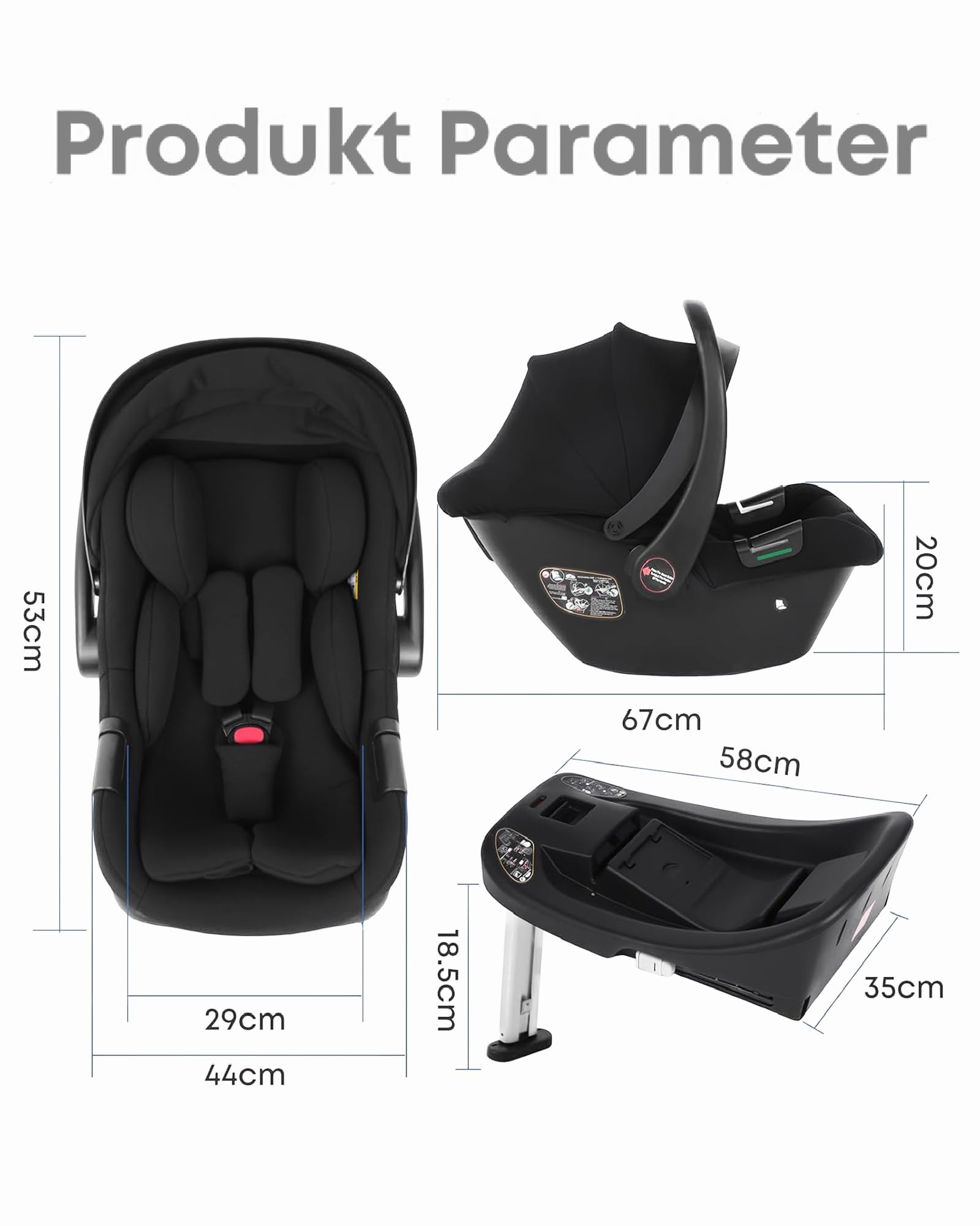 i-Size 40-85cm Babyschale Autositz, Kindersitz mit isofix Basisstation, Autositz von geburt Gruppe 0+, Einsatz für die Jüngsten im set,UPF 45+ Sonnenschutz, atmungsaktives Mesh Schwarz