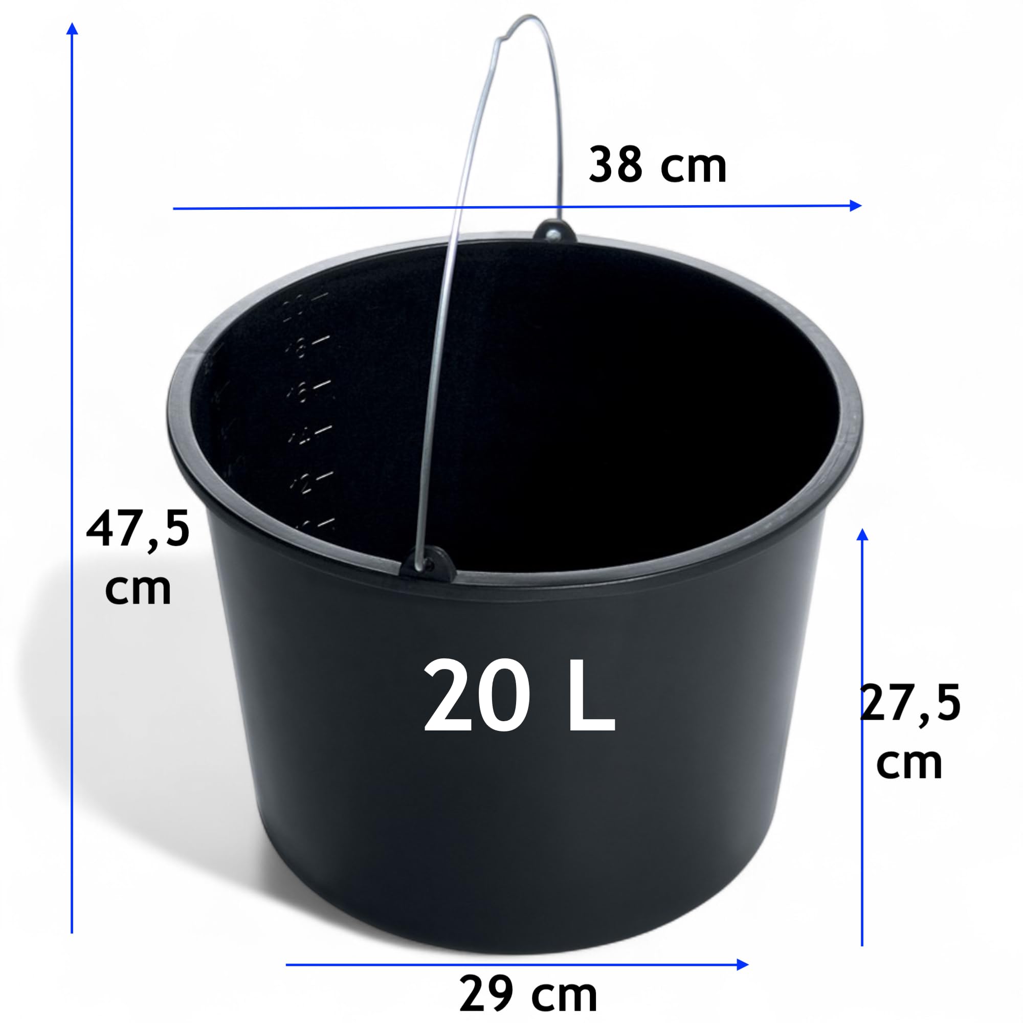 Schwarzer 20L Eimer mit Skala – robuster Kunststoffeimer mit Griff – Putzeimer, Zementeimer, Wassereimer für Garten, Haushalt & Baustelle – Sets 15 St. (15, 20L)