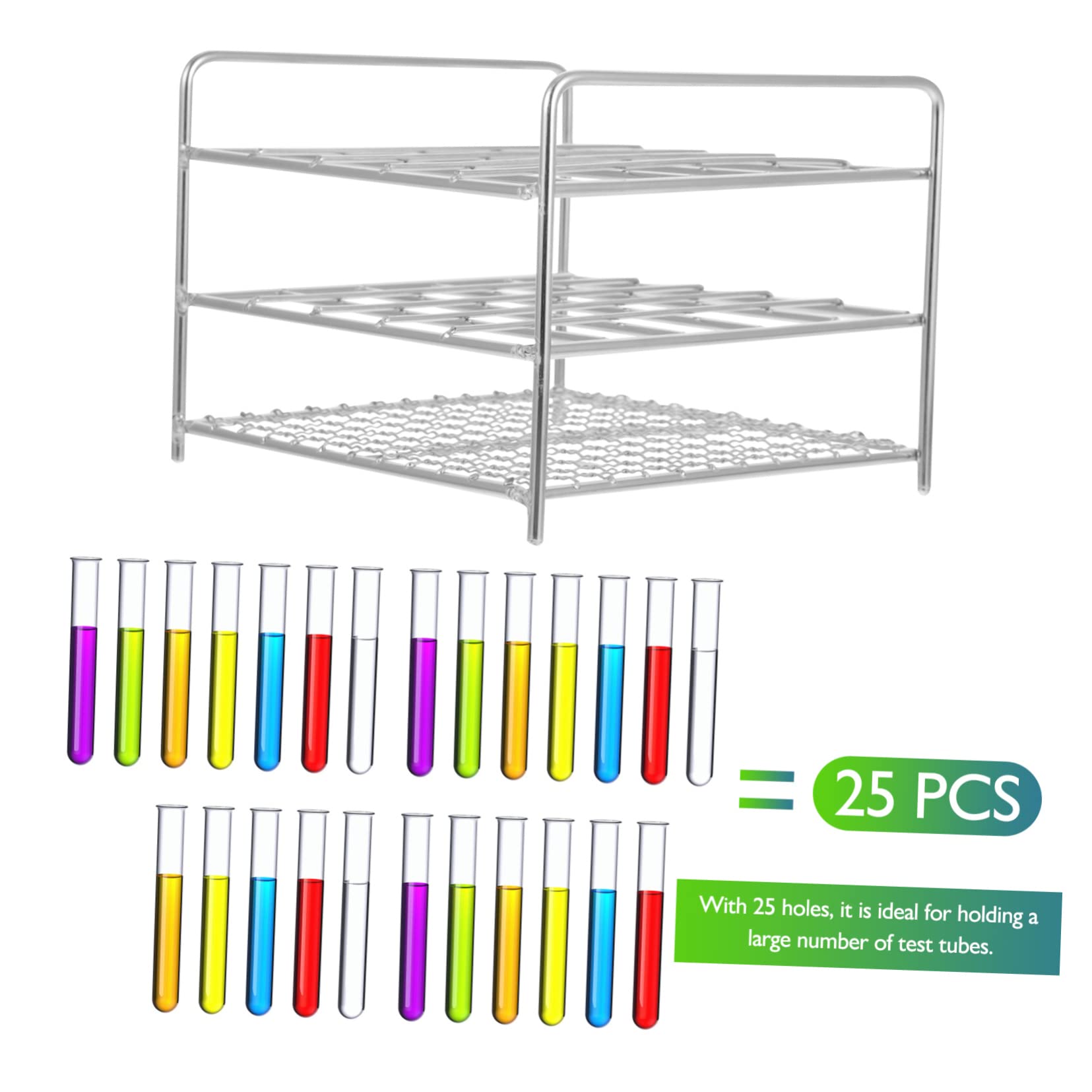 Rack Provette da Laboratorio in Acciaio Inox a 25 Fori, Tre Livelli | Argento, per Università e Laboratori di Chimica, Supporto per Provette e Sfere