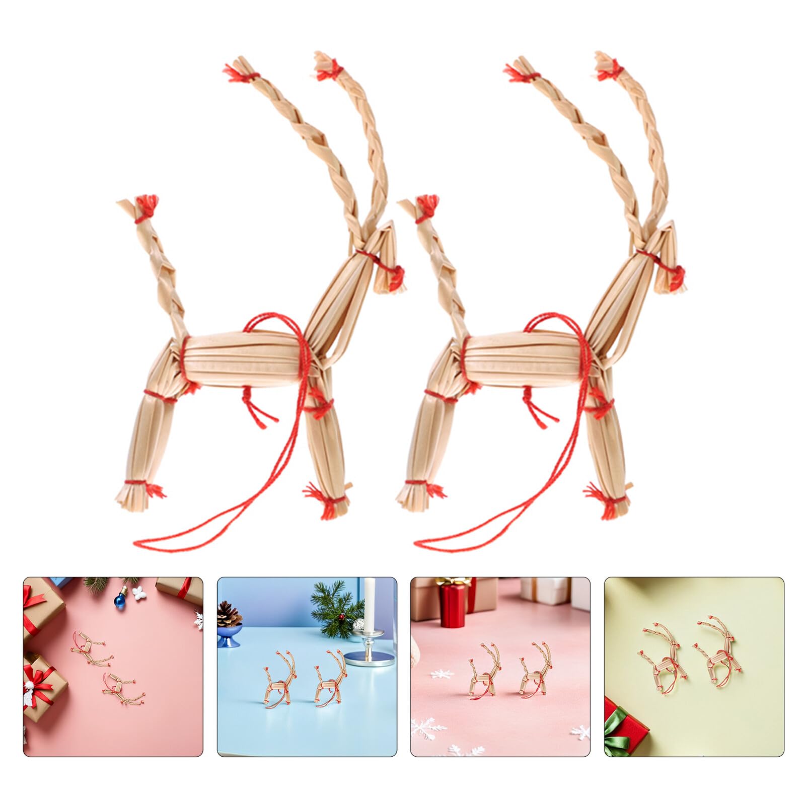 Lot de 12 Mini Rennes en Paille Naturelle Décorations Rustiques Scandinaves à Suspendre pour Sapin de Noël Ornements Légers et Réutilisables pour Fête de Noël Bohème Style