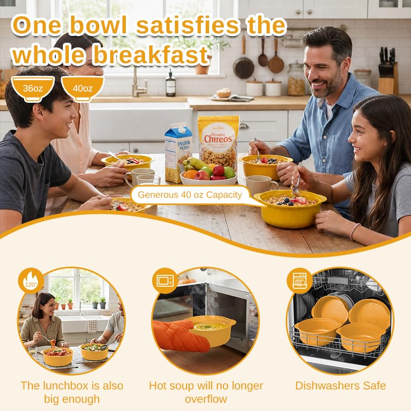 Image of Yellow 40oz Cereal Bowls with lid set of 4,Microwave Safe,Family&Camping
