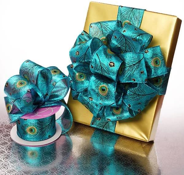Paper Mart Peacock Feathers Wired Ribbon for Holiday Gift Wrap & Crafting, 2.5 Inch x 10 Yd