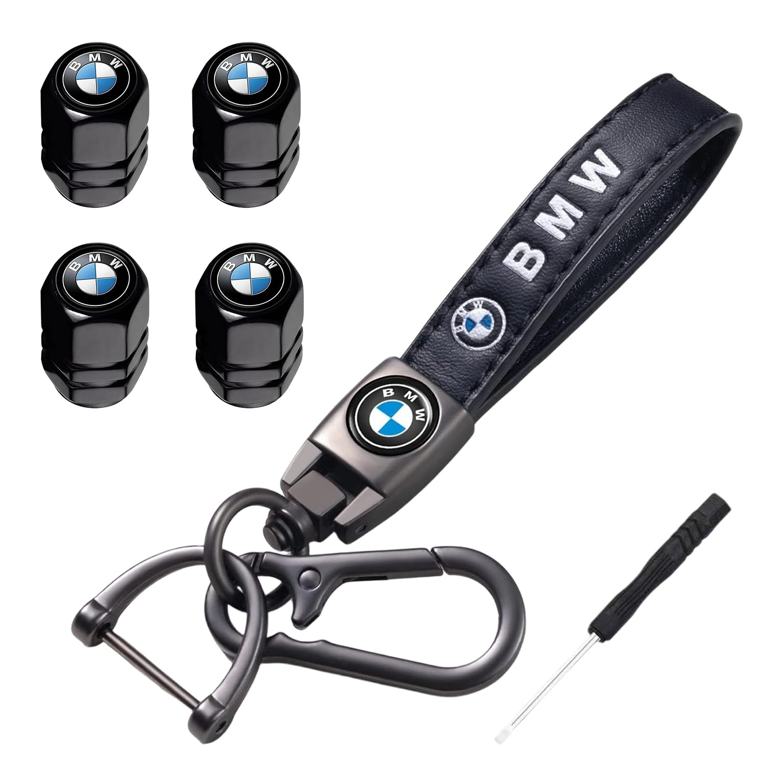 Car Keyring with Tyre Dust Caps, 1PC Car Key Chain，4PC Tyre Valve Caps，1PC Screwdriver, Zinc Alloy & Aluminum Car Accessories, Compatible with BMW 1/3/5/6/X1/X3/X5/X6/X7/Z4/7/M Series(Black)
