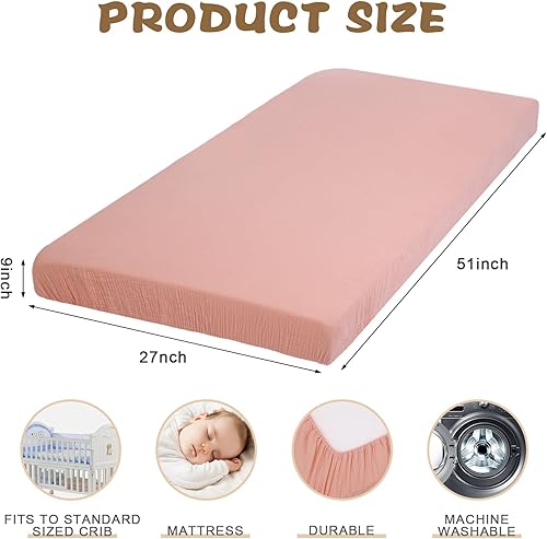 Miniatura 2 de Newwiee 3 piezas de sábanas de muselina para cuna, 51.2 x 27.6 pulgadas, mini sábanas de bebé para niñas y niños, sábana de colchón neutra ajustable