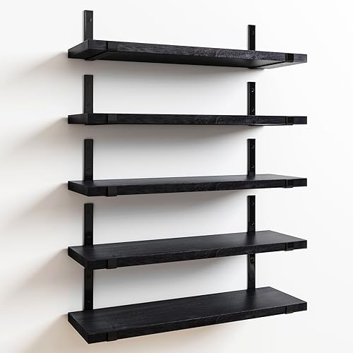 Fixwal Floating Shelves Set of 5, Width 4.7 Inches Black Wall Shelves, Rustic Wood Wall Storage Shelves for Bedroom, Living Room, Kitchen, Bathroom, Home Decor, Laundry Room, Office and Plants (Black)