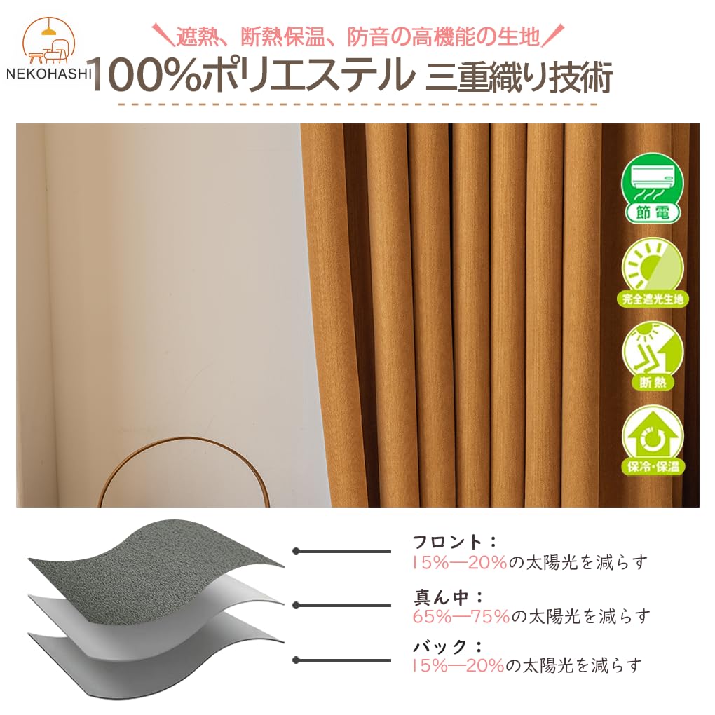 Amazon｜NEKOHASHI 遮光カーテン 1級 小窓 4枚セット 170cm丈 100cm幅
