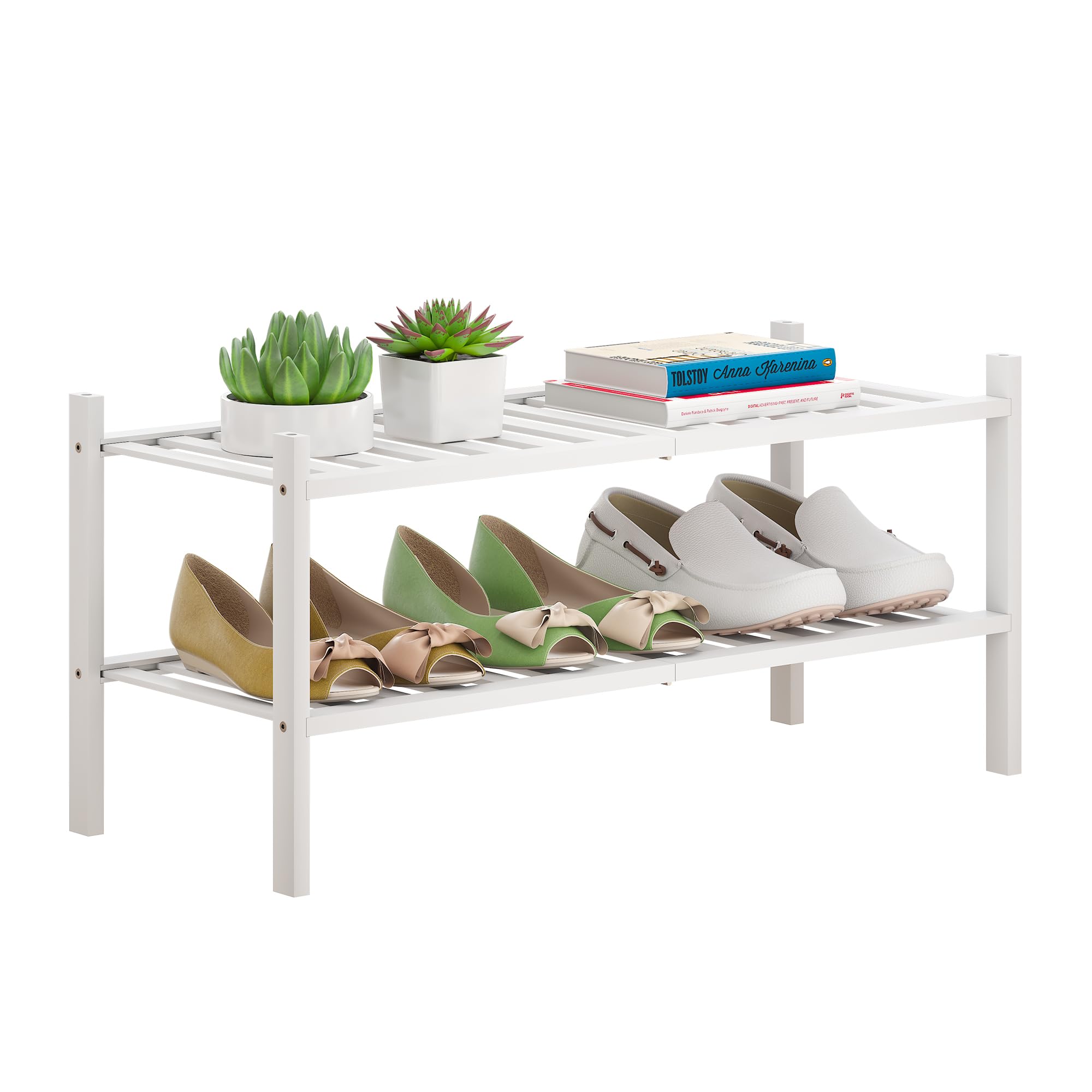 FILWH Bamboo Shoe Rack Stackable Shoe Shelf Storage Organizer for Unit Entryway Hallway and Closet Sturdy Freestanding Shoe Shelf (White, 2-Tier/27 * 11 * 12.6IN)