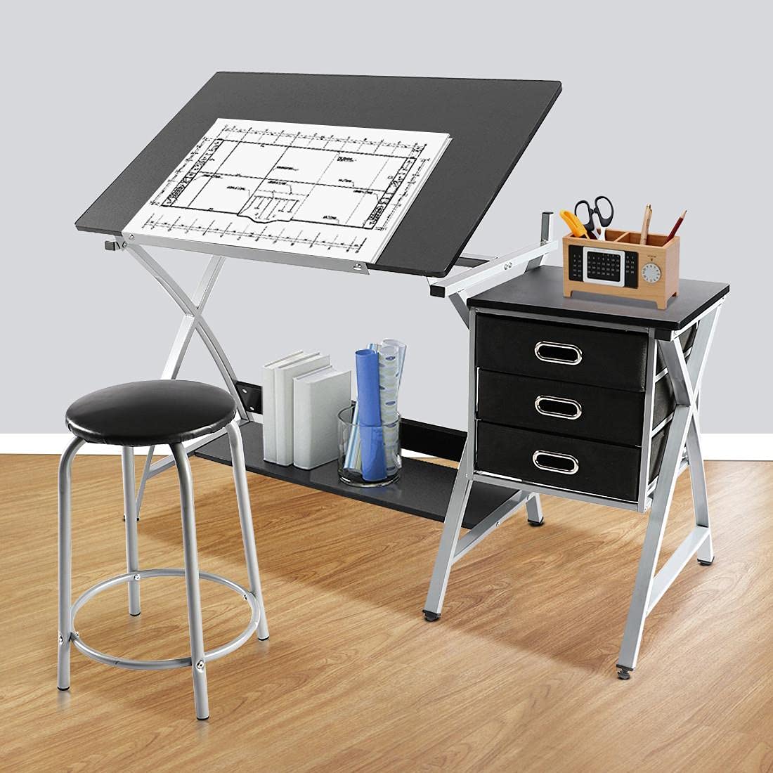 Yaheetech Zeichentisch-Set mit Kippbarer Tischplatte Höhenverstellbarer Schreibtisch Beistelltisch mit 3 Schubladen & 1 runden Hocker für Architekten/Künstler/Maler Schwarz