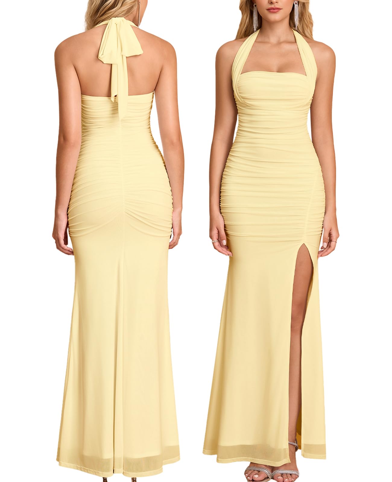 Women Halter Tie High Slit Wedding Guest Maxi Dress