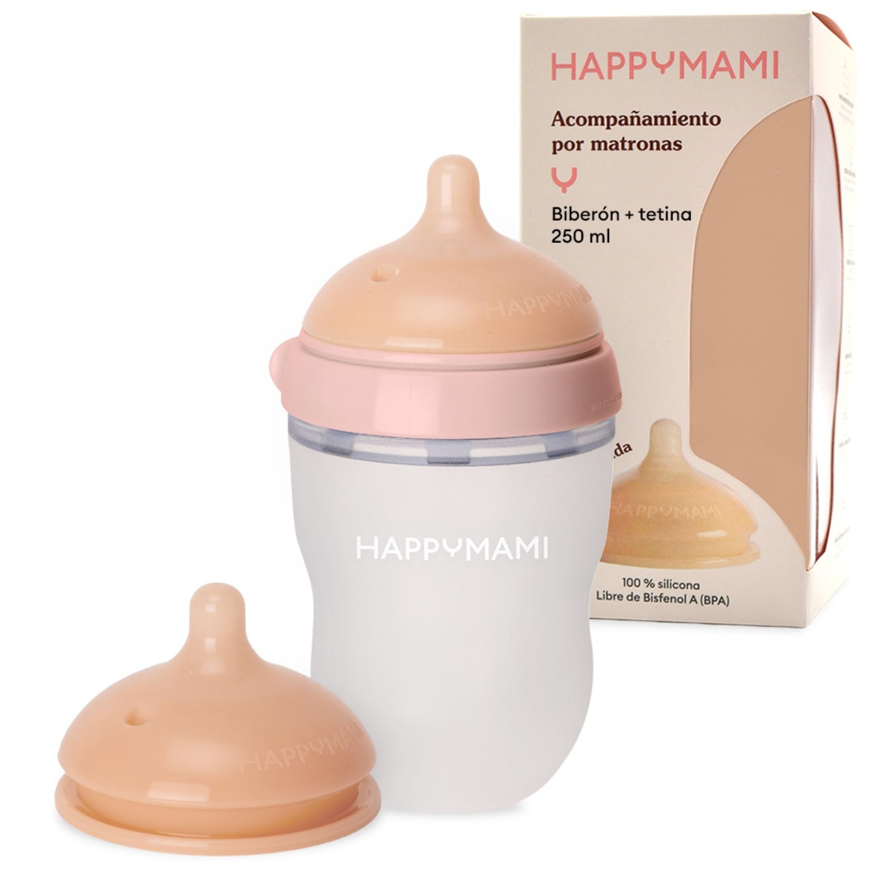HappyMami, Biberon su Misura con Tettarella in Silicone Medico + Tettarella Personalizzabile, senza BPA, doppio Sistema Anticolica, Lavabile in Lavastoviglie (Rosa 250 ml)