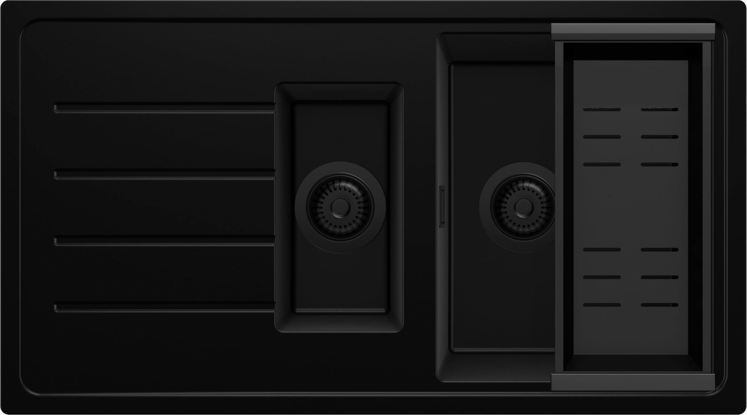 PRIMAGRAN Evier Cuisine en Granit Tout Noir 90x50cm, Lavabo 1,5 bacs + Kit de Vidage, Évier à Encastrer au Meuble 60cm - Copenhague Duo S075