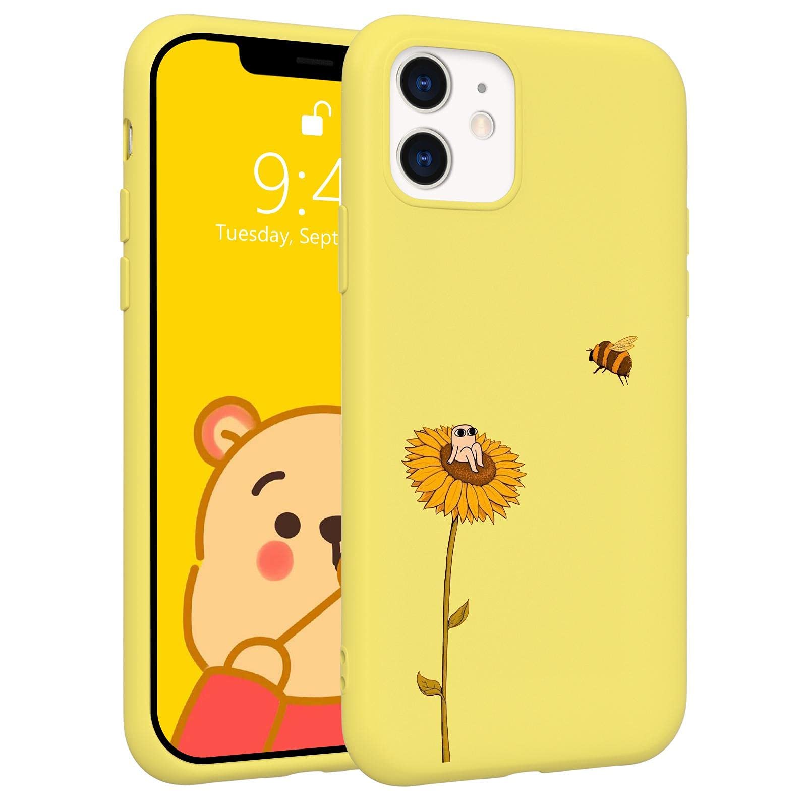 LuGeKeCute Sunflower Bee Case for iPhone 11, Yellow Soft Slim Floral Flowers Pattern Design Liquid Silicone Phone Case, Mikrofiber Lining Case Gel Rubber Wildflower Full Protective Cover
