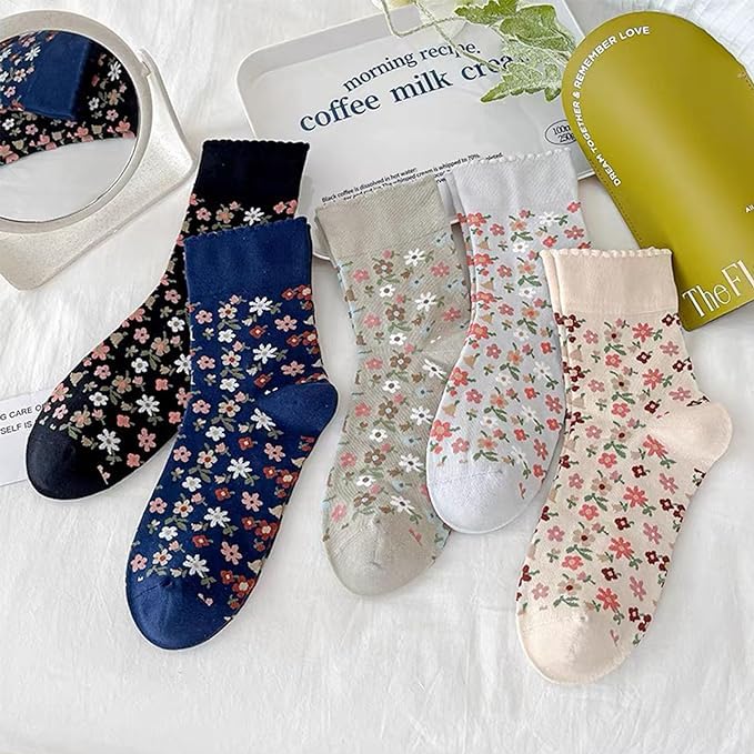 Image of HOMSSEM Floral Crew Socks - 5Pair Flower Graphic Soft Cotton Socks for Women, Teen Girls - for Sandals, - Cute Vibrant Colors