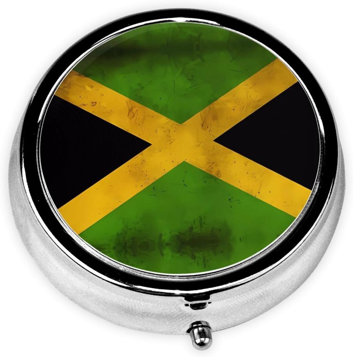 Old Jamaican Flag Round Pill Box – Portable Medicine Storage Container for Vitamins, Supplements, Fish Oil, etc.