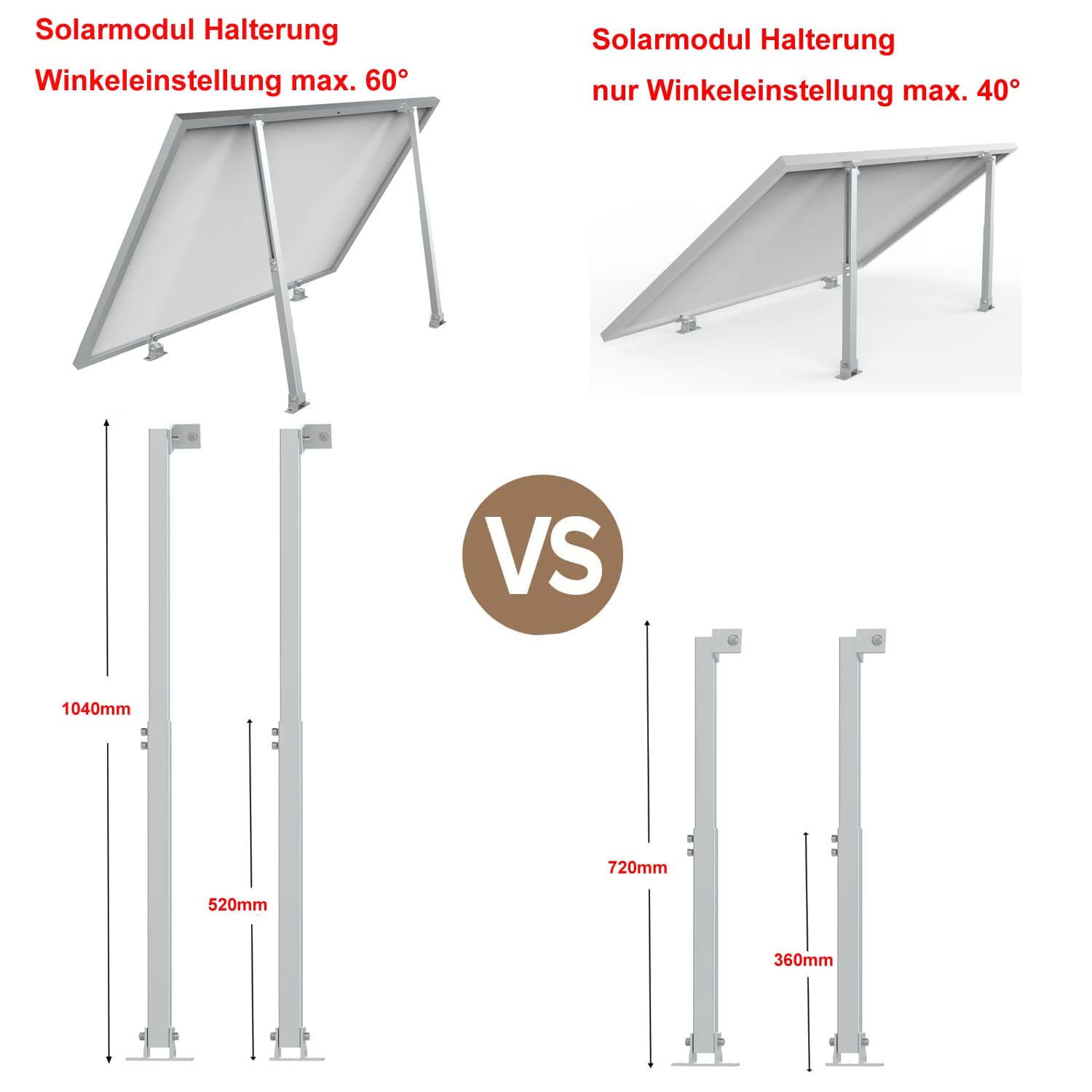 Warmfay Soporte para módulo solar, 2 juegos de soportes para plantas de balcón, juego de montaje, longitud extra 52 cm-104 cm, soporte ajustable a 60 °, soporte de panel solar de aluminio para techo