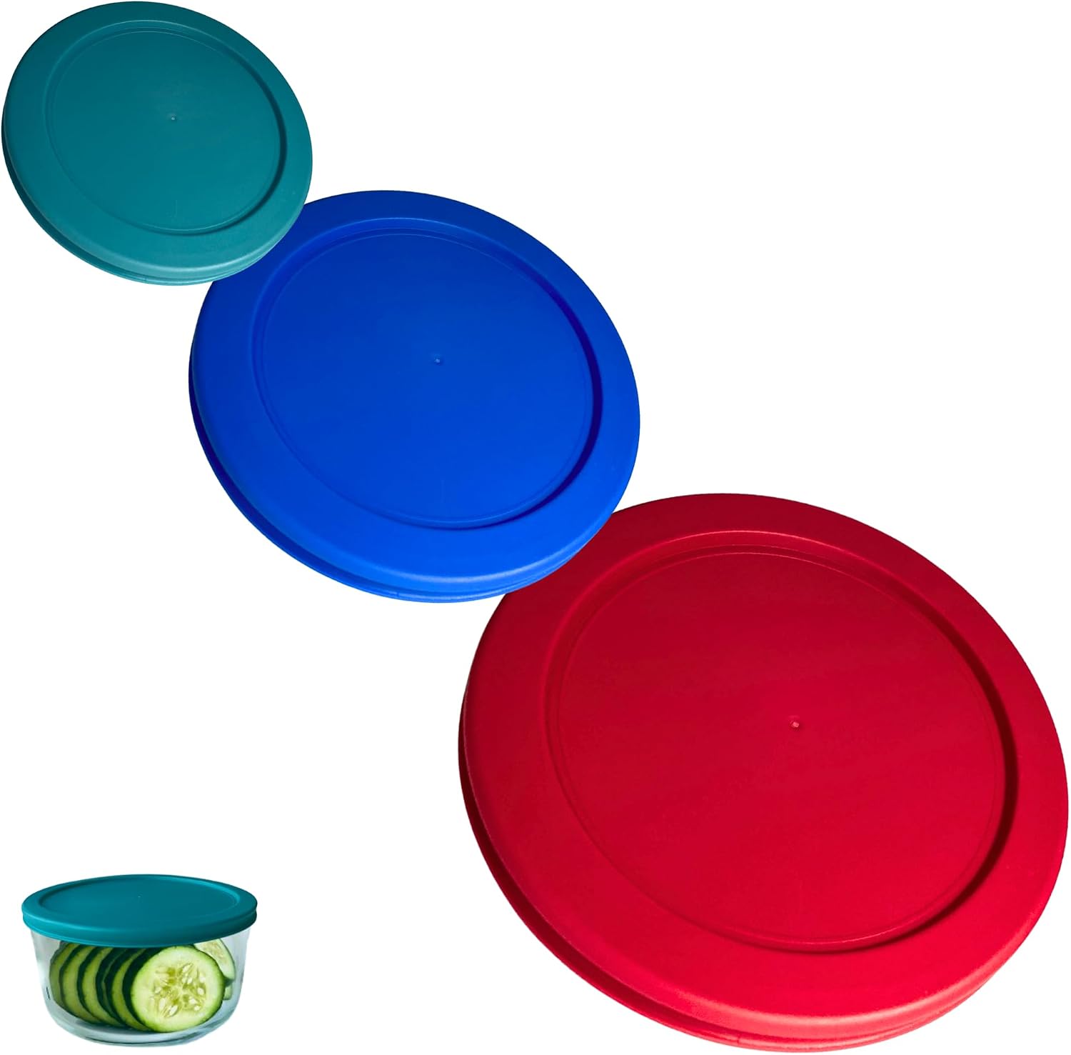 1, 2 & 4 Cup Turquoise, Blue, Red Replacement Lids/Covers for Pyrex, Anchor Hocking & KlareWare Storage Bowls *Lids Only Glass Container Not Included* (3 Pack *One of Each Size*)