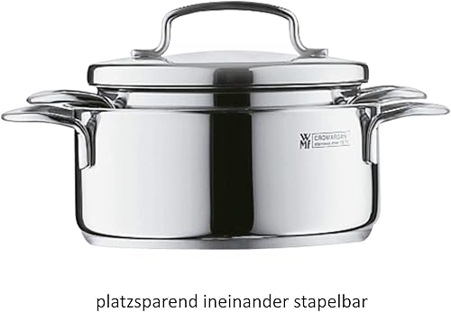 Miniatura 6 de WMF mini olla pequeña aprox. 5.5 in, tapa metálica, sartén de inducción 0,9 l, acero inoxidable pulido Cromargan, apilable, para pequeñas porciones,