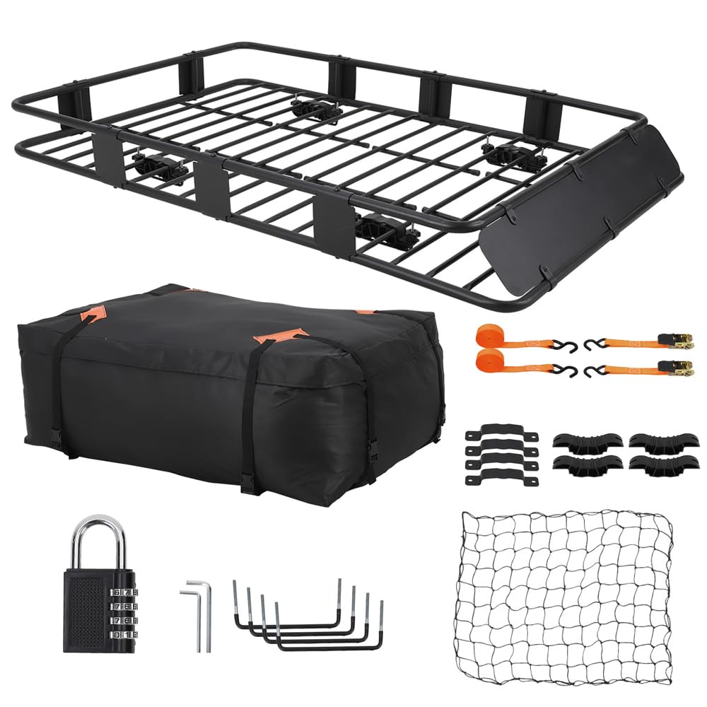 Universal Roof Rack Cargo Basket 64 x 39 in - SUV, Truck Rooftop Carrier with Cargo Bag, Luggage Lock, Net, Ratchet Straps