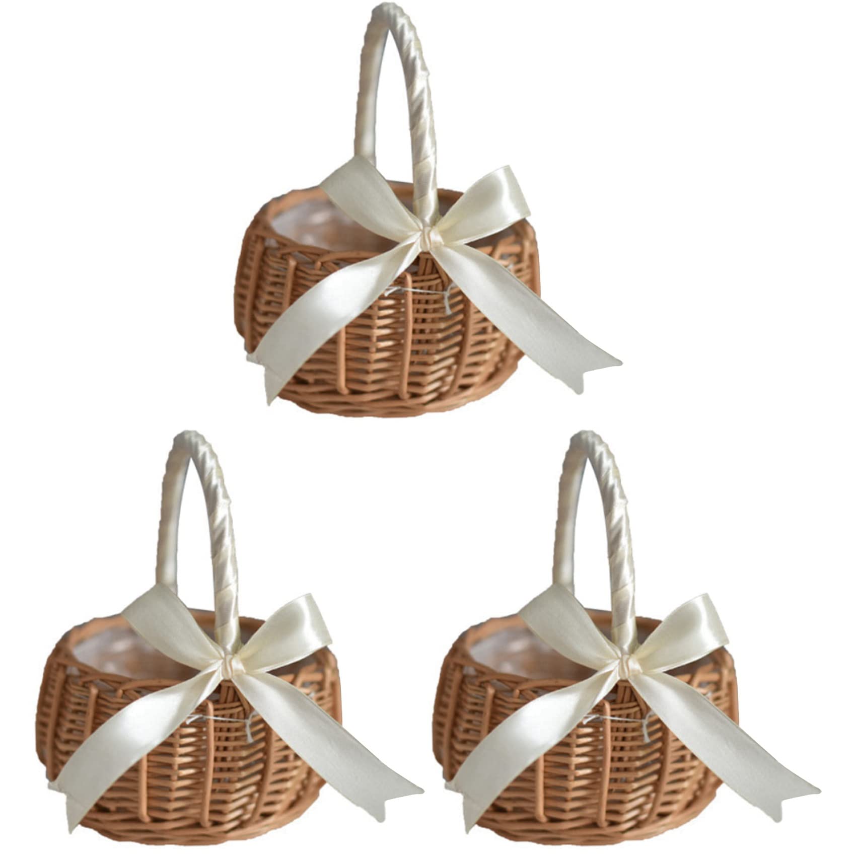 Hndhbfgrt 3X Woven Flower Basket Rattan Storage Basket Flower Girl Hand Basket Handmade Flower Basket with Bow, L