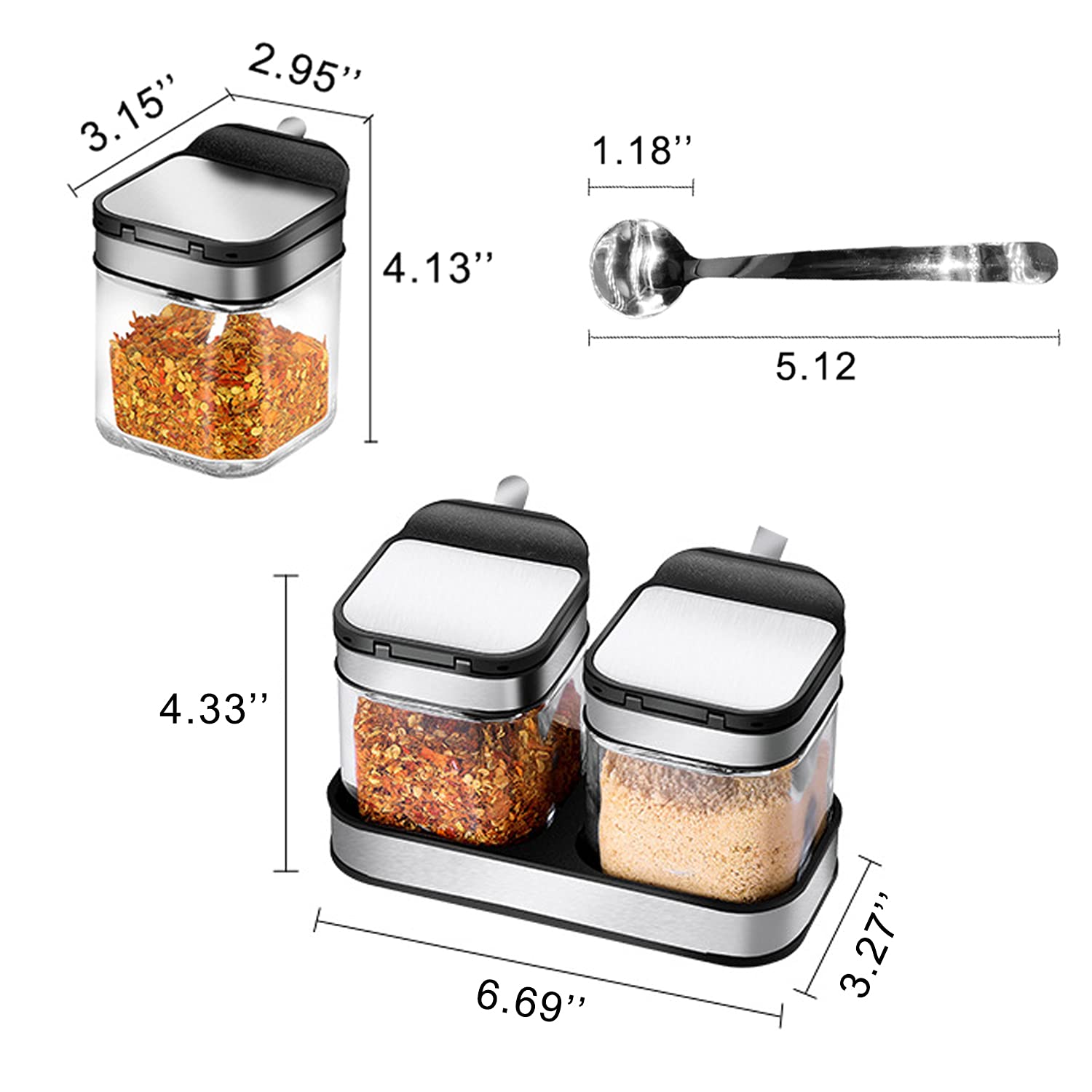 V-Shine Gewürzbehälter mit 304 Edelstahl-Deckeln und Löffeln, klares Glas, Gewürzdosen, Töpfe, Gewürzbox, Salzbehälter, Zuckerdose, 2 Stück für Küche, Theke, Lebensmittelaufbewahrung