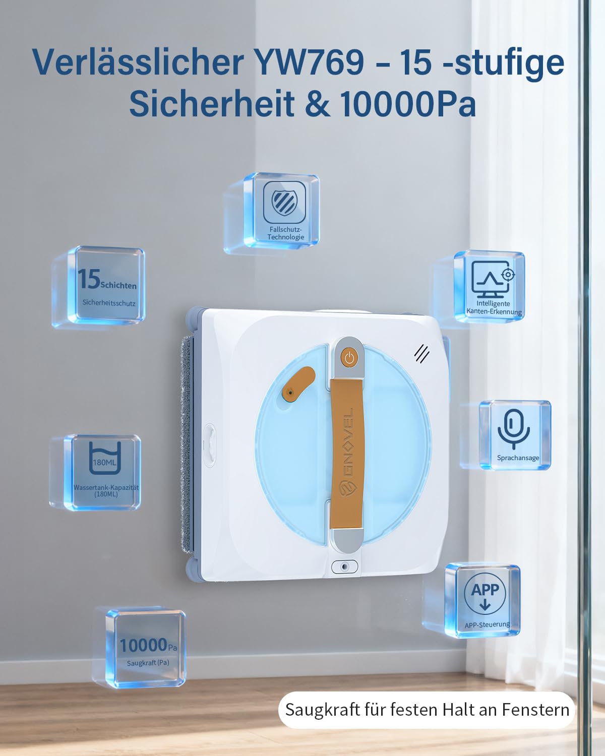 Fensterroboter, 10000Pa Saugkraft, 4-in-1 Modi, Sprühtechnik&Sicherheitssystem für Glasflächen