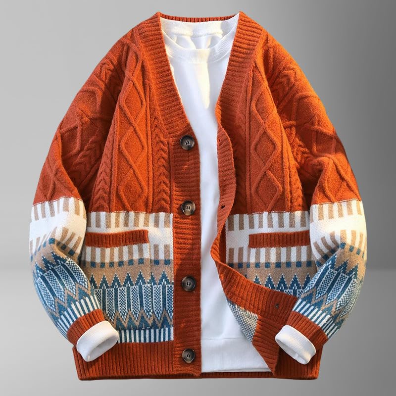 Autumn Winter V-Neck Simple Jacquard Versatile Loose Color Block Warm Knit Cardigan2