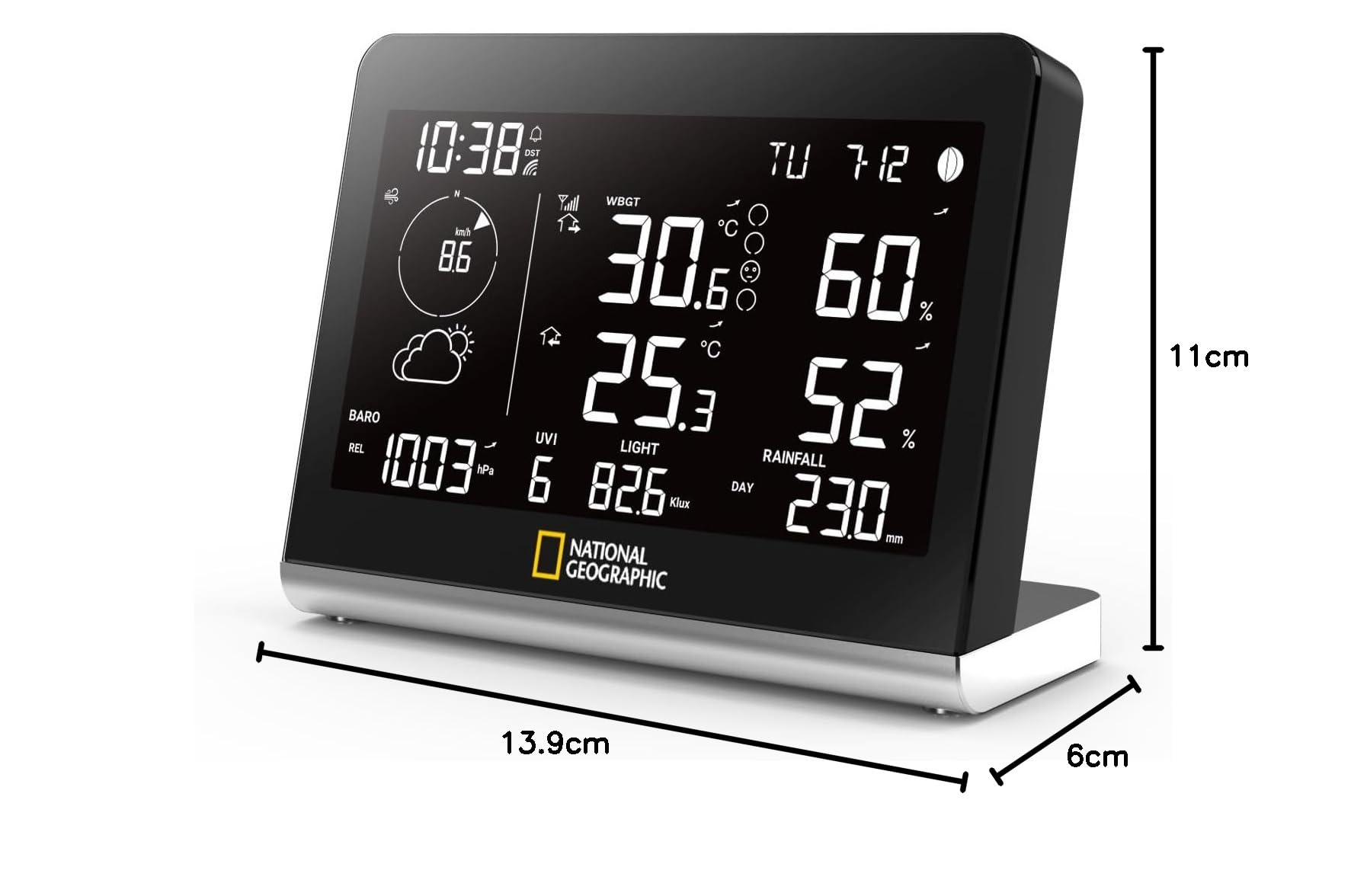 National Geographic Funkwetterstation SC mit 8-in-1-Außensensor, Farbwechsel-Display, Temperatur, Luftfeuchtigkeit, Windmesser, Regenmesser, UV, WBGT | Innen und Außentemperatur, Luftfeuchtigkeit, Regenmesser, Windmesser, Luftdruck, UV, Lichtintensität, W