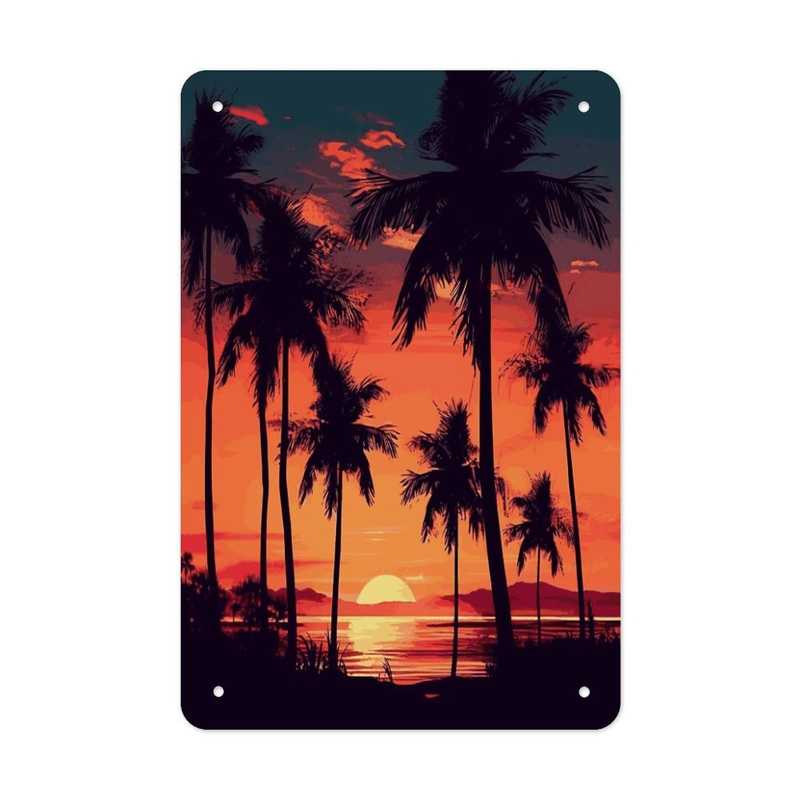 LDGSUPH Palm Tree Summer Sunset Wall Art Prints Folded Edge Iron Sheet Painting with Holes for Wall Prints Decorative Picture Metal Signboard Decor Painting for Outdoor Indoor Wall Decor