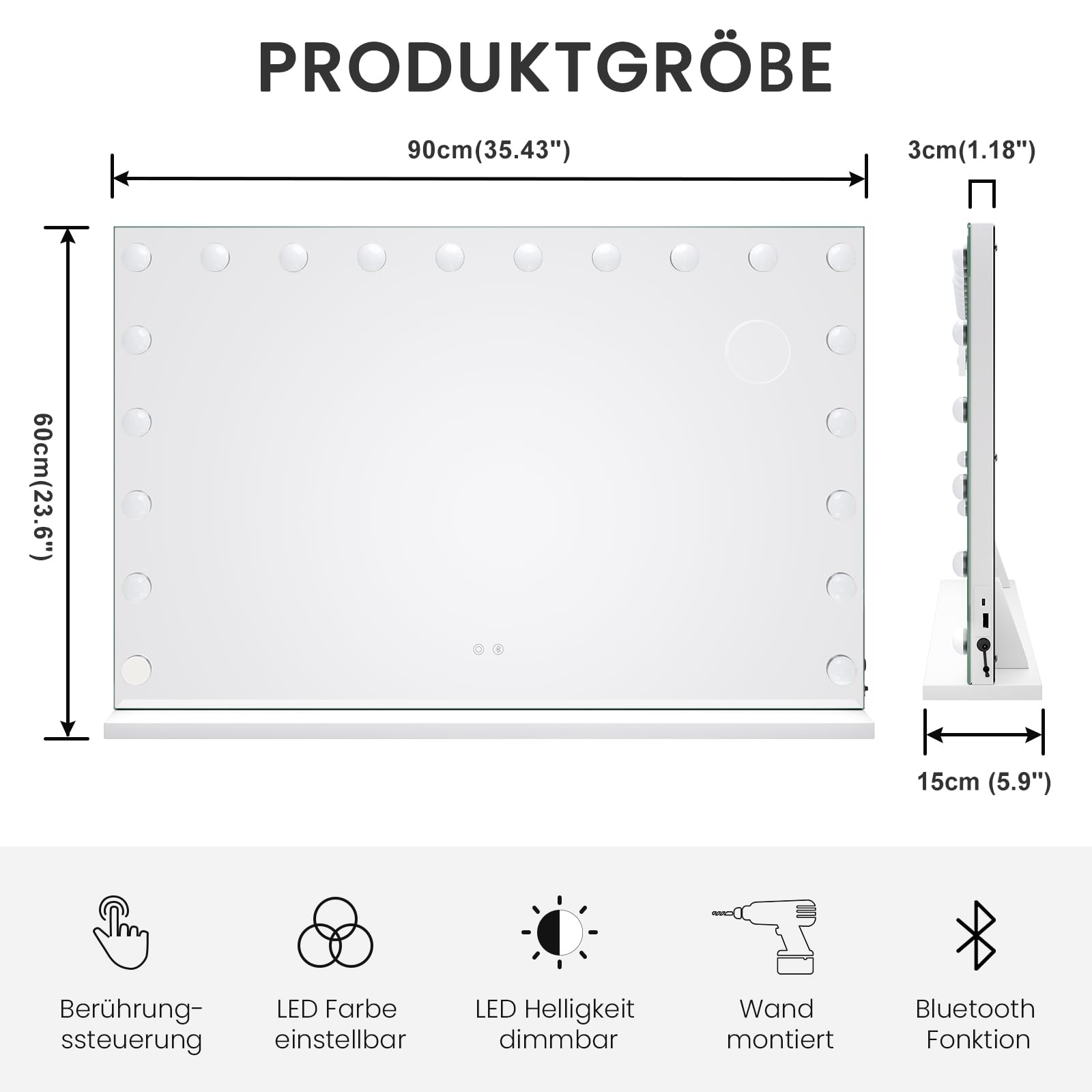 Dripex Bluetooth Hollywood Schminkspiegel mit 20 LED Lampen, 3 Farbtemperatur Licht, USB Ladeanschluss 60L x 90B cm, Aufstellung oder Wandmontage