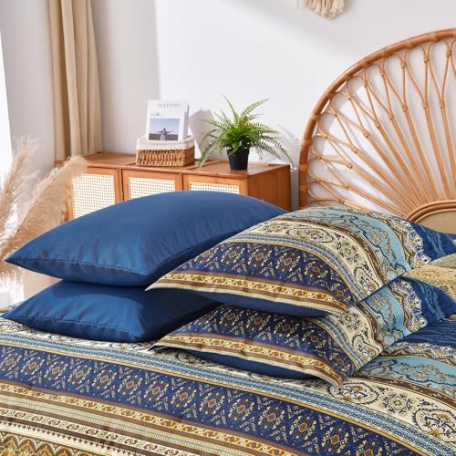 Image of Cottolester Boho Comforter Set Full Size 8 Pieces,Brown Blue Bohemian Comforter Paisley Striped Bed in A Bag,Soft Microfiber Bedding Set for All Season