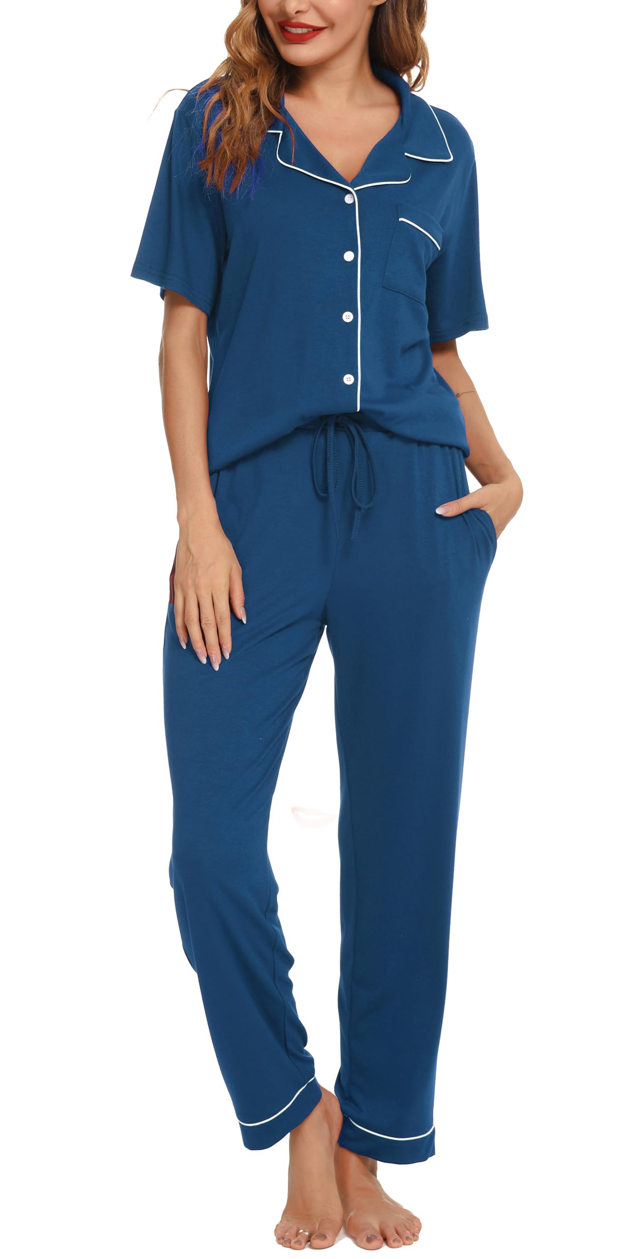 Lovasy Schlafanzug Damen Lang Kurzarm Pyjama mit Knöpfen Schlafanzüge für Damen Zweiteiliger Loungewear Set mit Taschen und Kordelzug