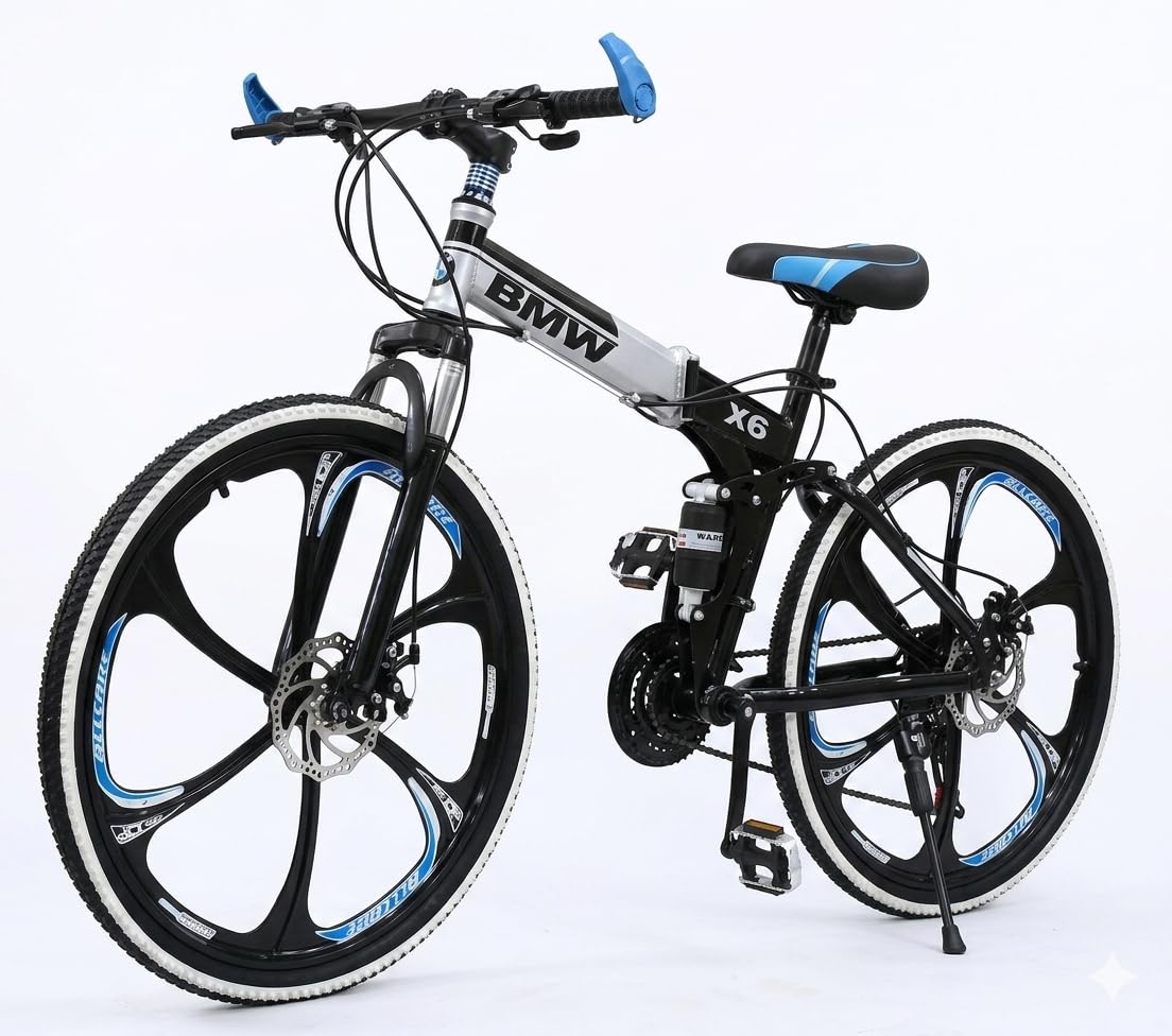 generic Amaze Kai Dual Suspension Bikes Latest Bmw Foldable Gear Cycle For Men With 21 Speed Gear 6 Spoke | Folding Mountain Bike With Double Disc Break & Mac Wheel, 26 Inch, White N Black-picture-12