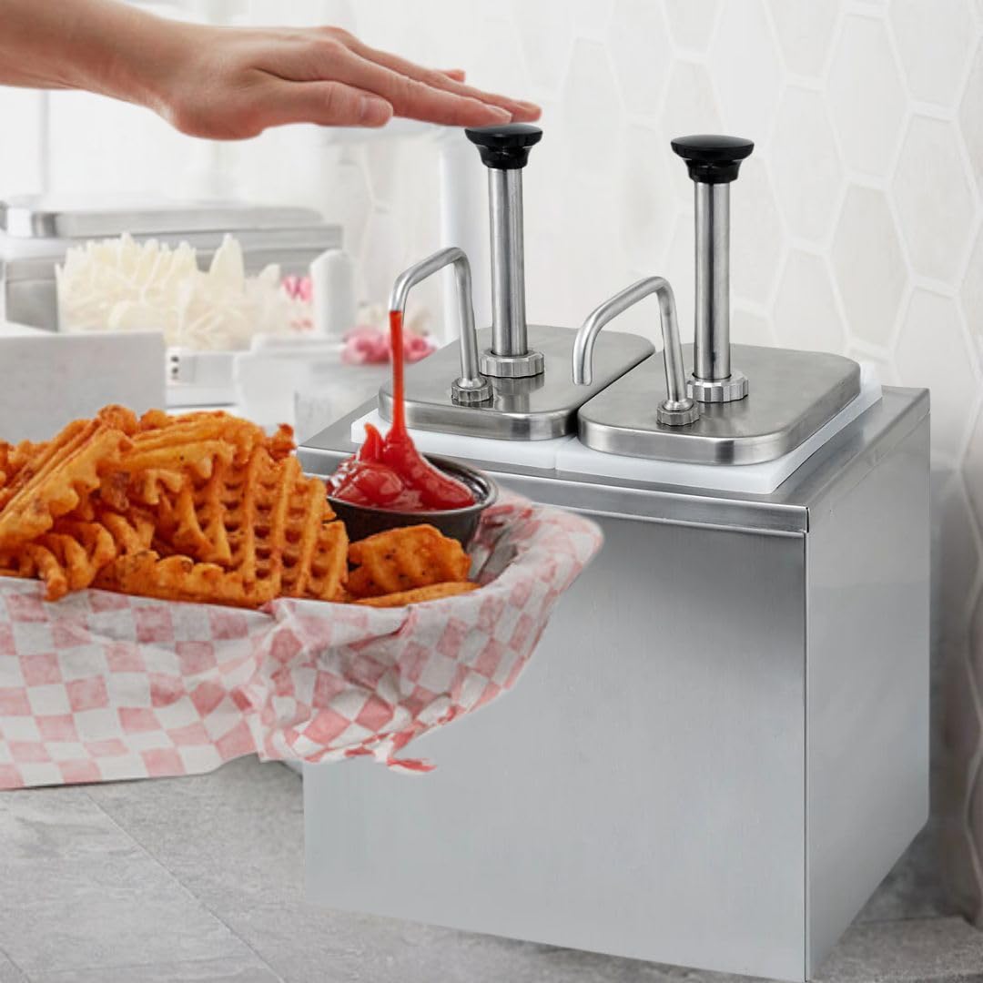 Soro Essentials- 7 Qt. Stainless Steel Dual Condiment Dispenser 3.5 qt. Jar with 1 oz. to 1.25 oz. Pump - Sauce Dispenser Dual Chamber Condiment Pump Station for Ketchup Syrup Dressing BBQ Sauce
