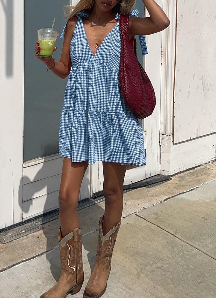 Image of Women Y2k Tie Shoulder Mini Dress Sleeveless Flowy Babydoll Dress Boho Floral Aline Short Sundress