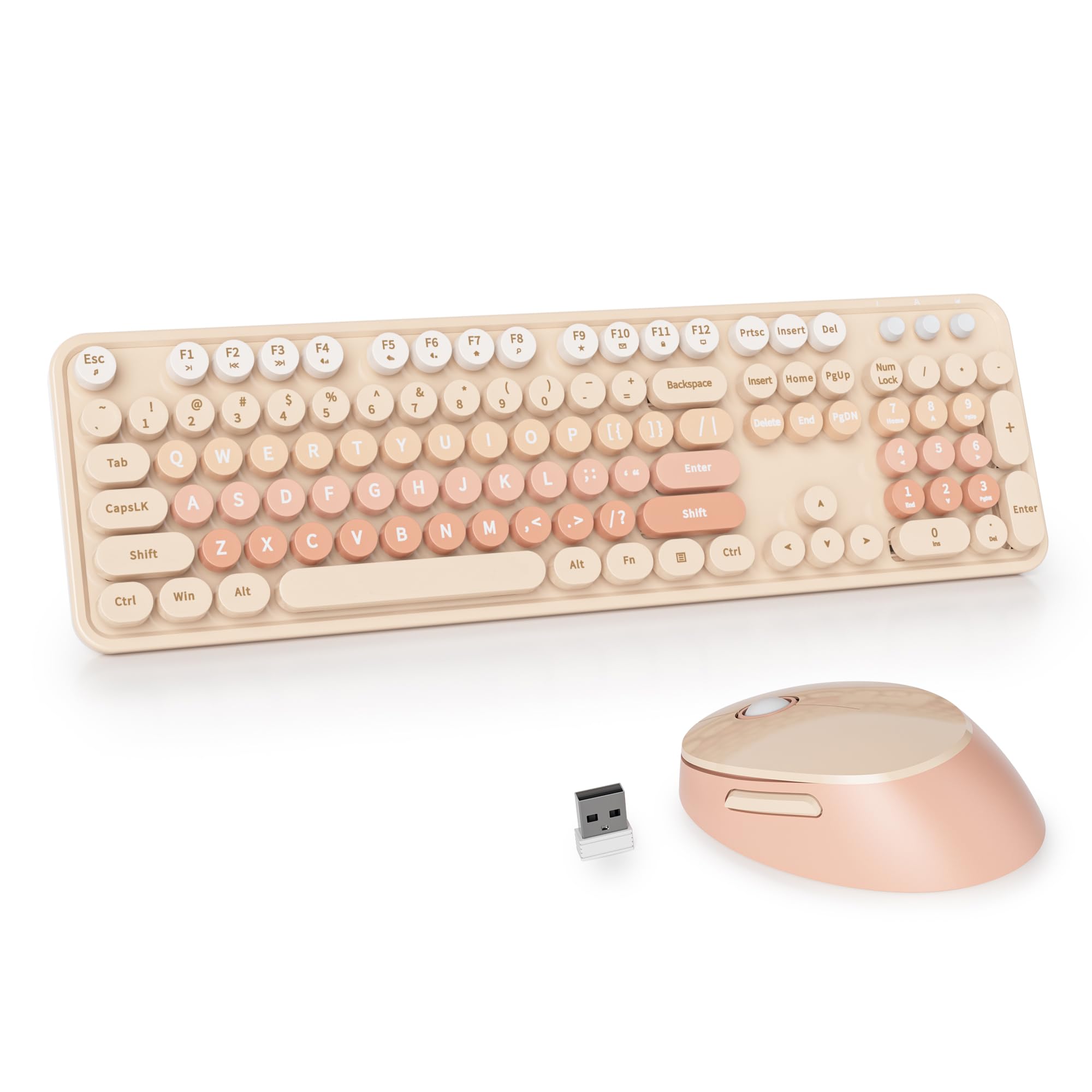 GTSP Colorful Brown Wireless Keyboard and Mouse Combo, Retro Wireless Typewriter Full-Size Cute Office Keyboard 2.4GHz with Round Keycaps for Desktop