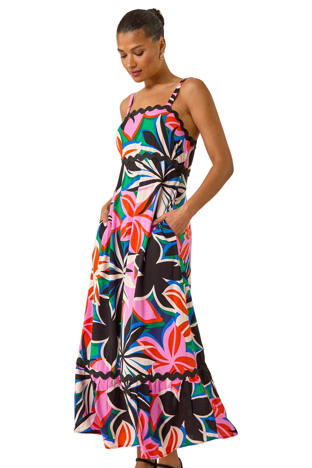 Roman Originals Floral RIC Rac Maxi Dress for Women UK - Ladies Everyday Holiday Spring Summer Square Neckline Comfy Soft Evening Vacation Work Party Fuchsia