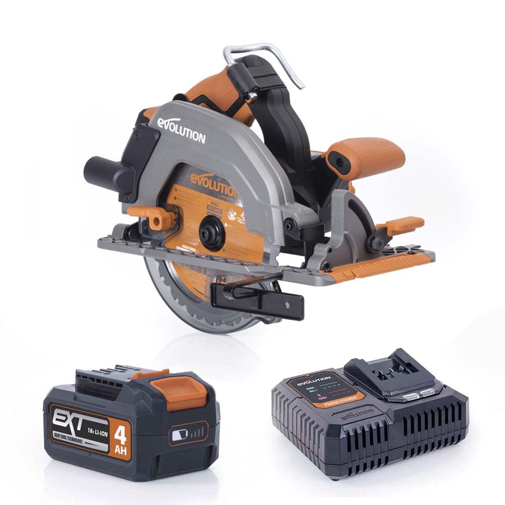 Evolution Power Tools R185CCS-Li Circular Saw Cordless Brushless 18v Li-Ion EXT Includes TCT Multi-Material Blade, Cuts Wood, Metal, Plastic & More, Guide Included, Battery & Charger Included, 185mm