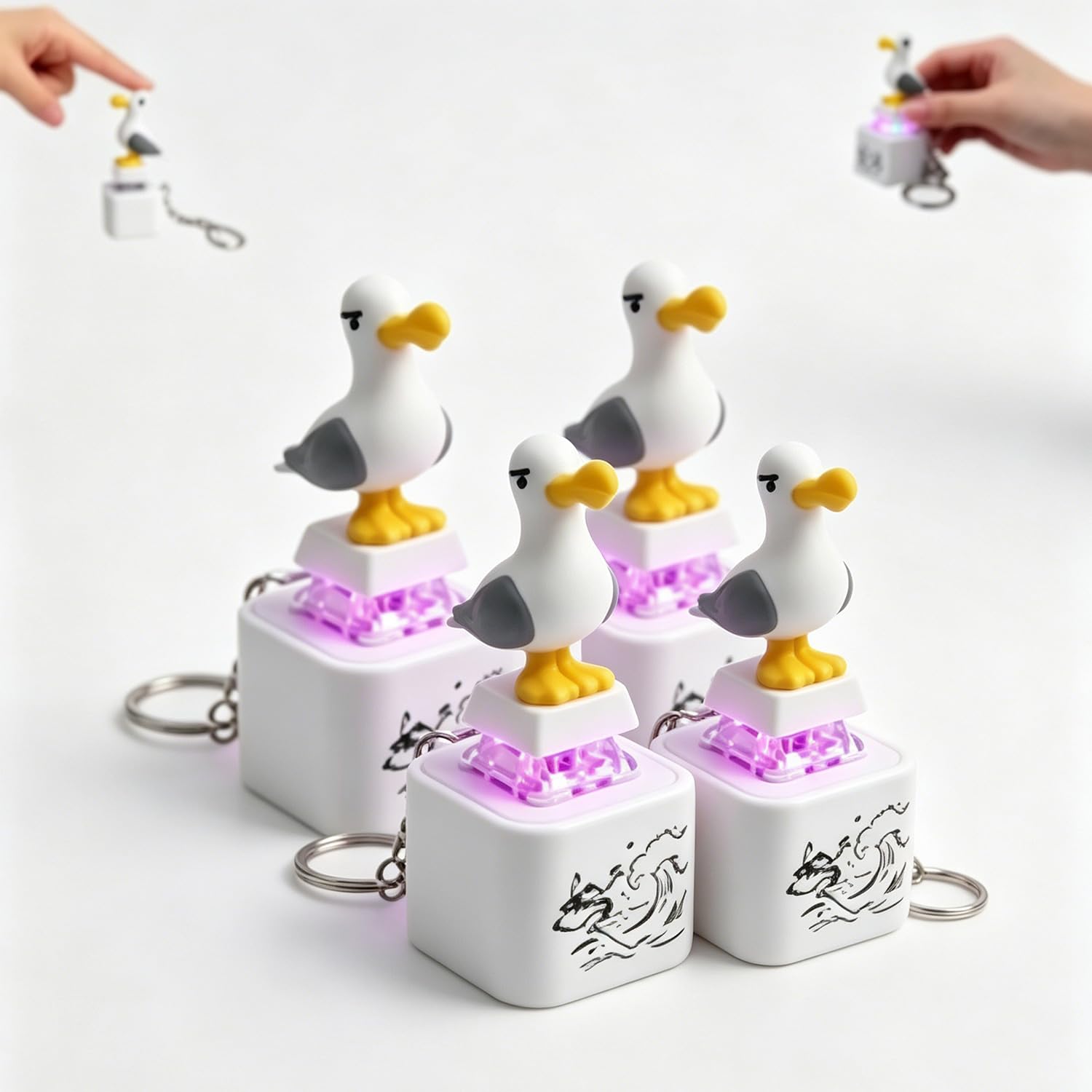 Seagull Mine Sound Button Keychain, Rechargeable Mine Seagull Keyring Fidget Clicker with Real Sound and LED Light, Funny Interactive Desk Stress Relief Fidget Toy Gifts for Adults (4PCS)
