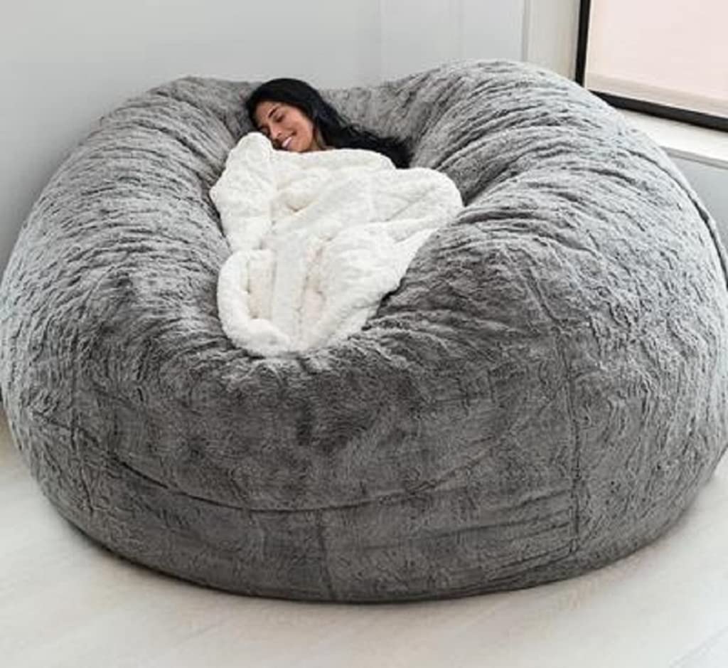 Big Round Bean Bag Solo copertura per sedia, gigante, traspirante e confortevole per il soggiorno degli adulti, morbido e soffice pelliccia sintetica BeanBag Lazy Sofa Cover(D86 cm × H56 cm, F)