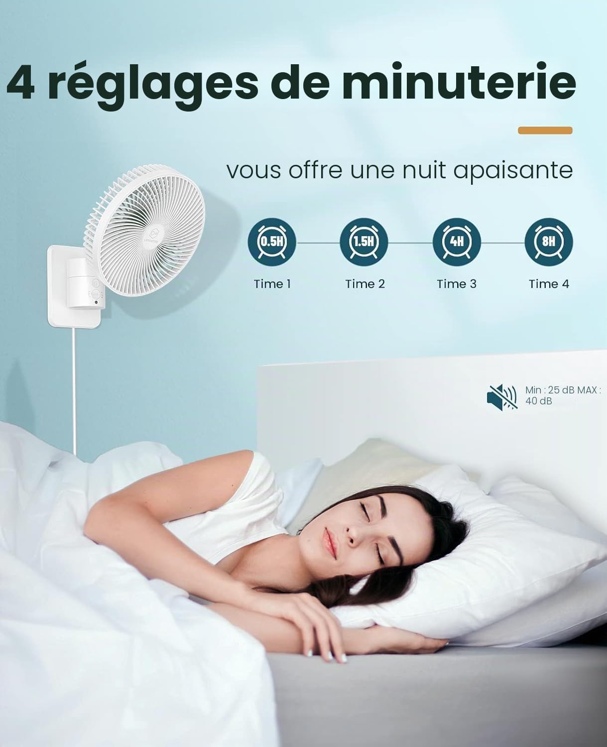 Ventilateur mural oscillant de 20,3 cm avec télécommande, minuterie et 4 réglages de vitesse, inclinaison réglable, cordon de 177,8 cm, ultra silencieux, puissant, 7 lames, facile à nettoyer pour