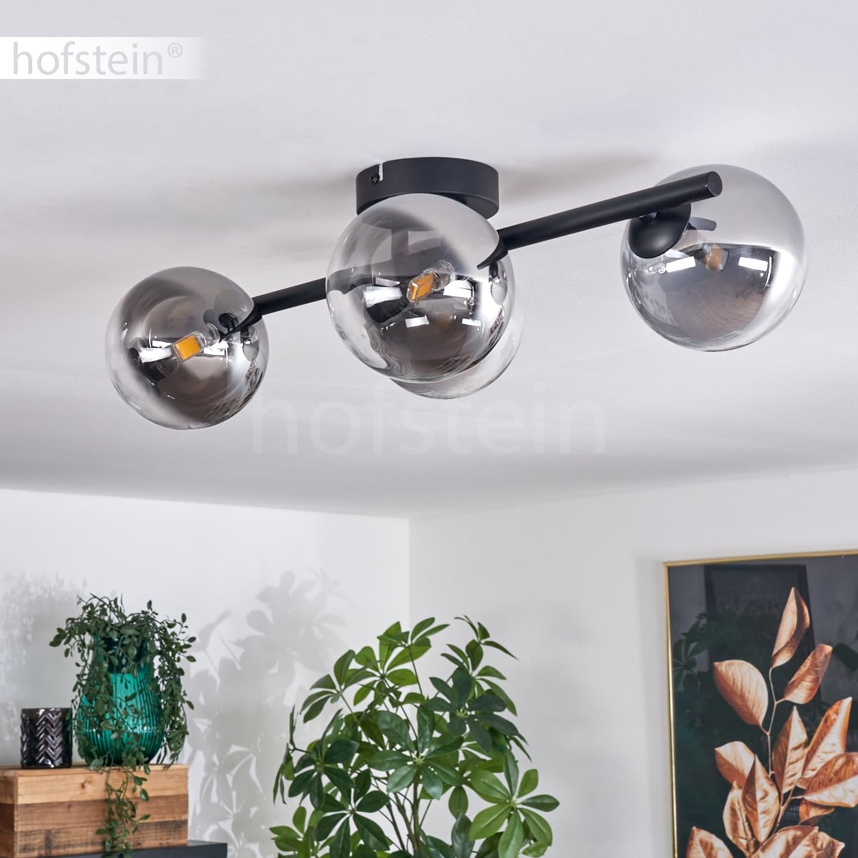 HOFSTEIN Chehalis Deckenleuchte – 3flammig, Schwarz/gold Mit Rauchfarbenem Glas, Retro-Design Für Wohnzimmer & Mehr