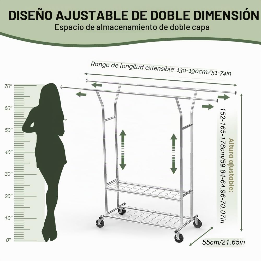 Perchero Extensible con Ruedas y 2 Estantes Metálicos | Ancho ajustable de 130 a 190 cm, Altura de 152 a 178 cm, Profundidad de 55 cm, 4 Ruedas Industriales con Freno, Plateado
