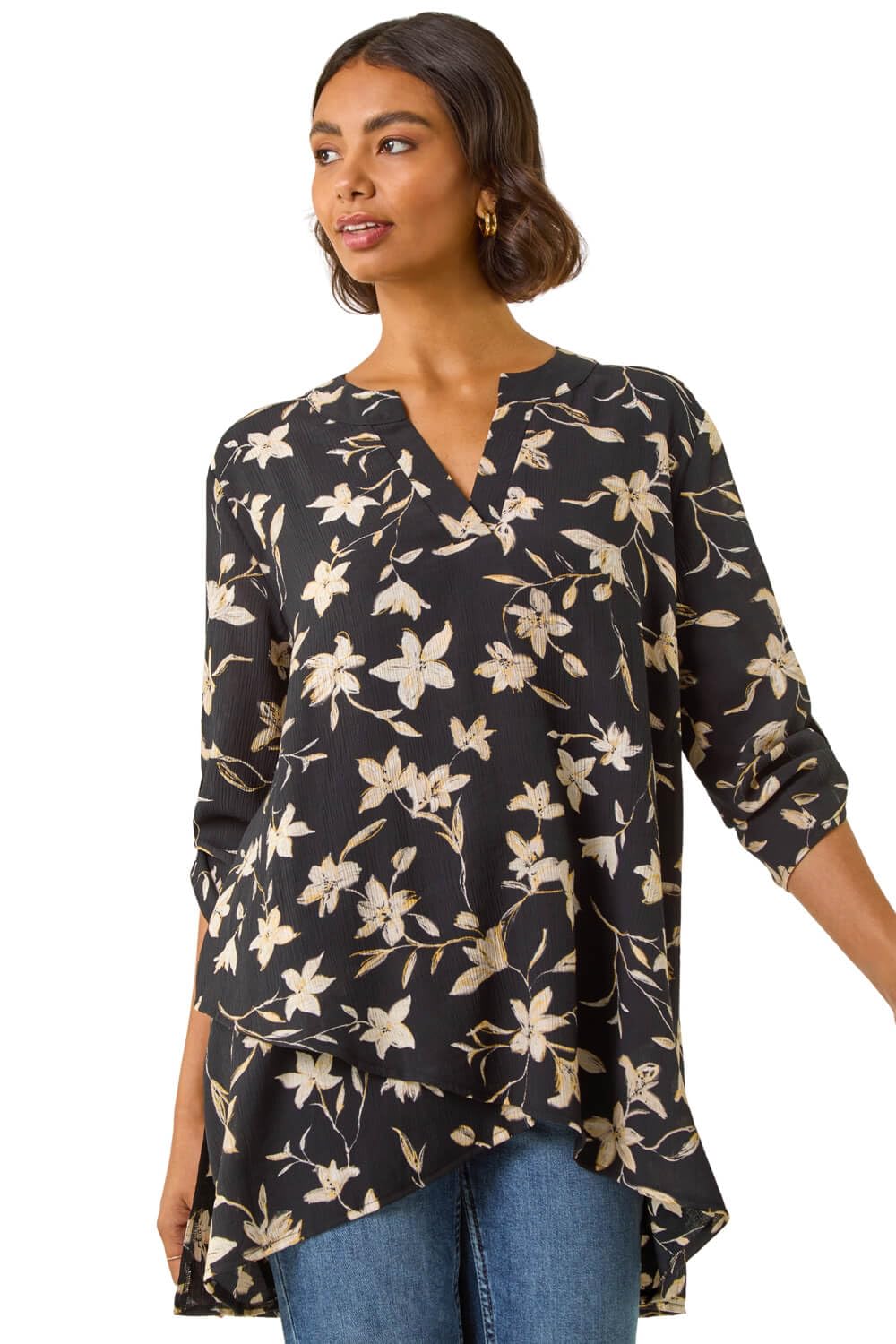 Roman Women's Black Floral Wrap Hem Tunic Top In Size 12