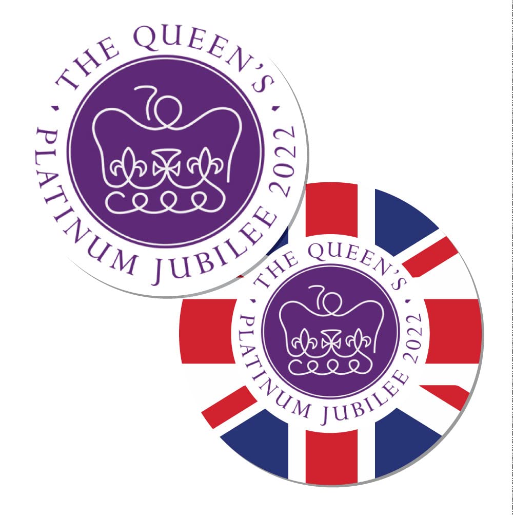The Queen's Platinum Jubilee paper stickers, for party bags, 30mm or 60mm diameter