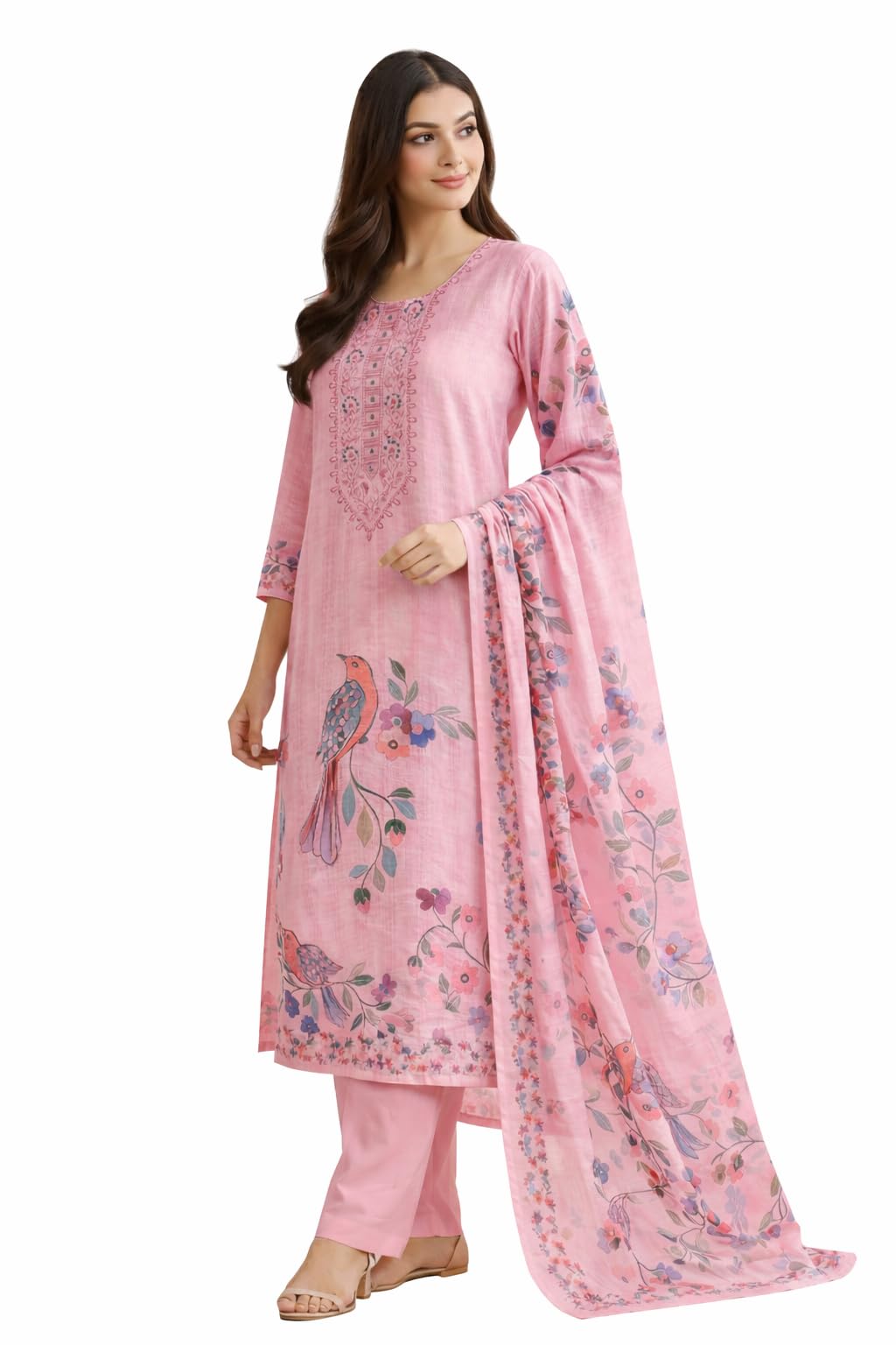 Women's Linen Cotton Floral Bird Printed Unstitched Salwar Suit Dress Material with Printed Dupatta-image-4