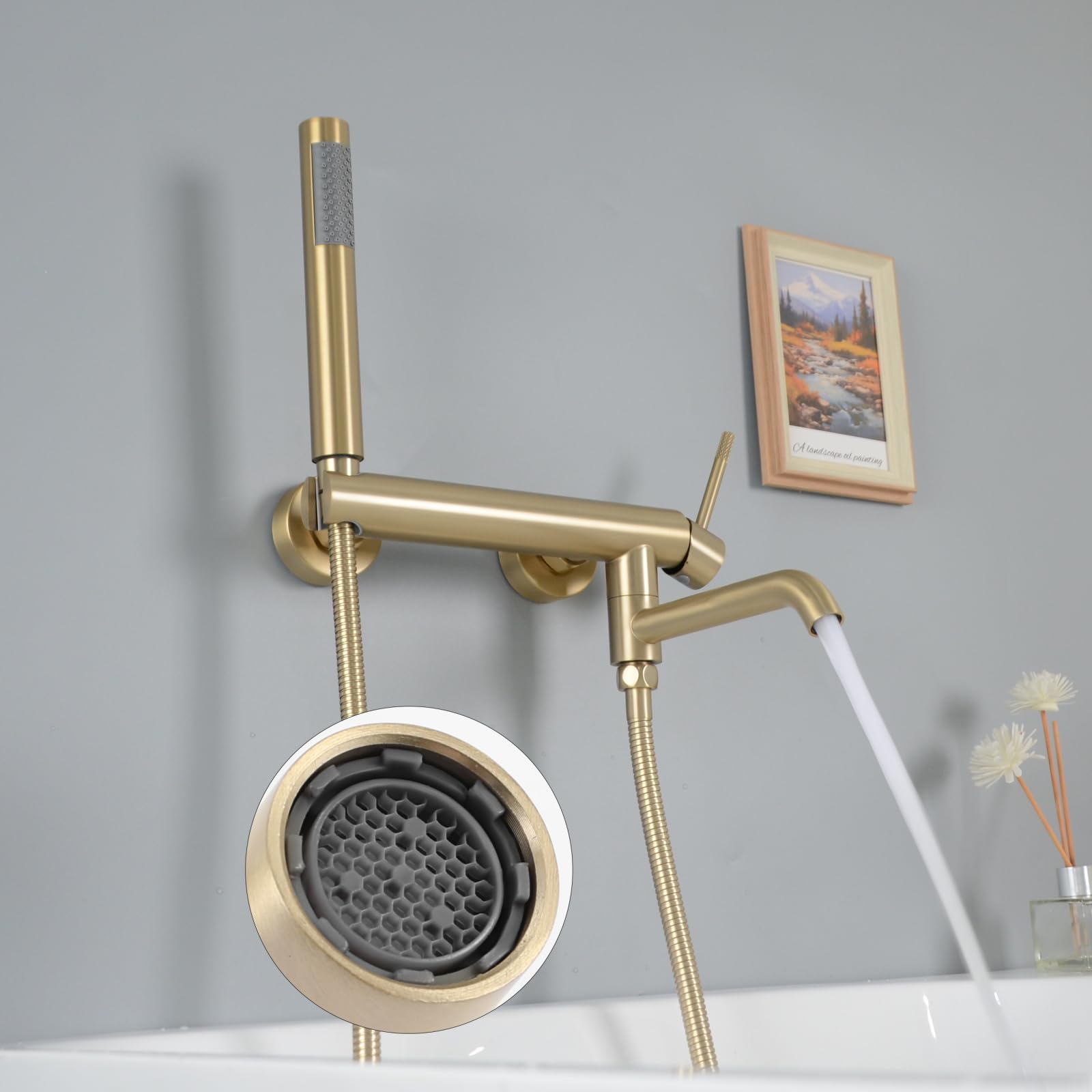 PHASAT Grifo de bañera con ducha de mano, Mezclador monomando de pared, caño giratorio 90°, Oro cepillado