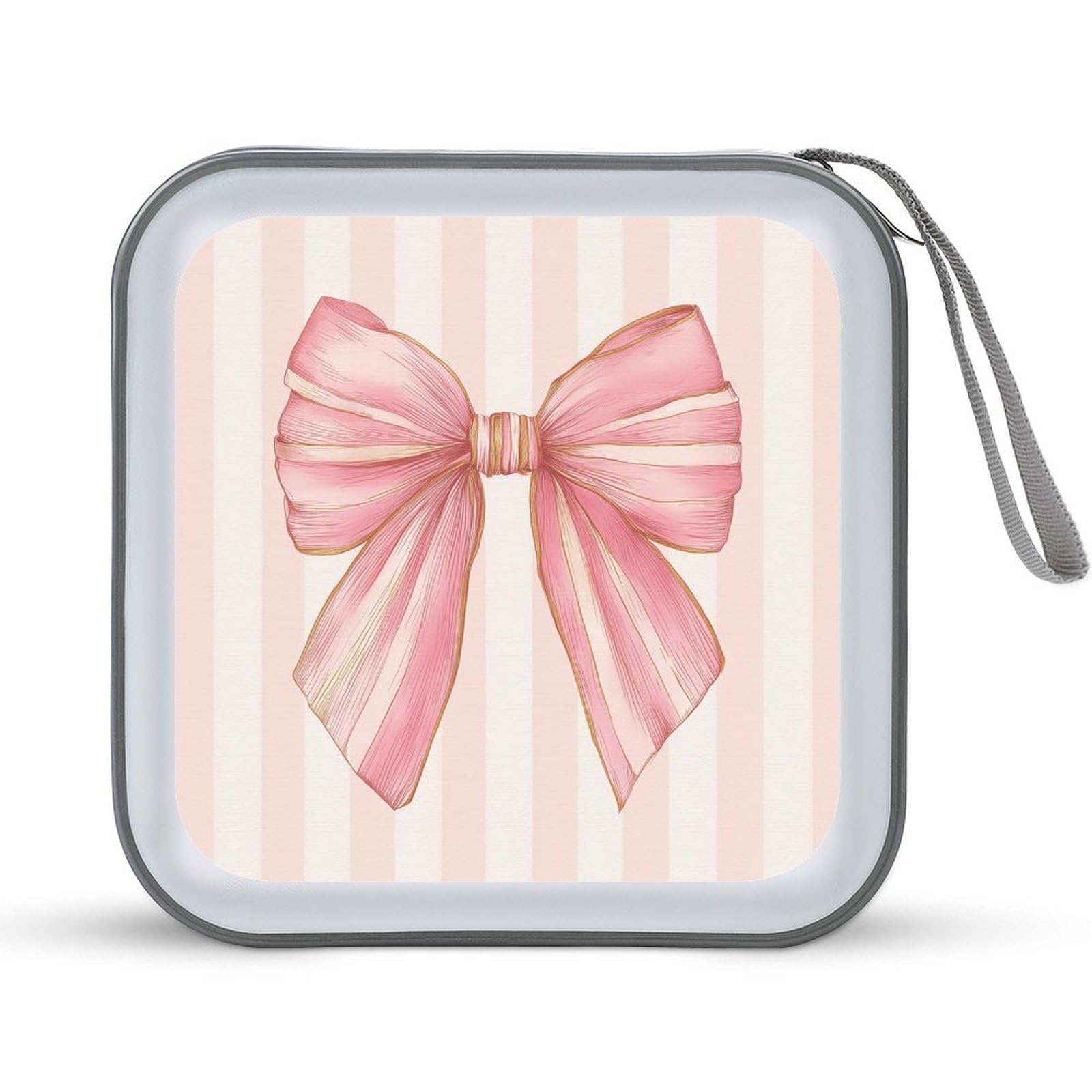 Jubonexis Preppy Coquette Pink Bow on Vertical Stripes CD Case DVD Storage Case Portable for Car Home Travel