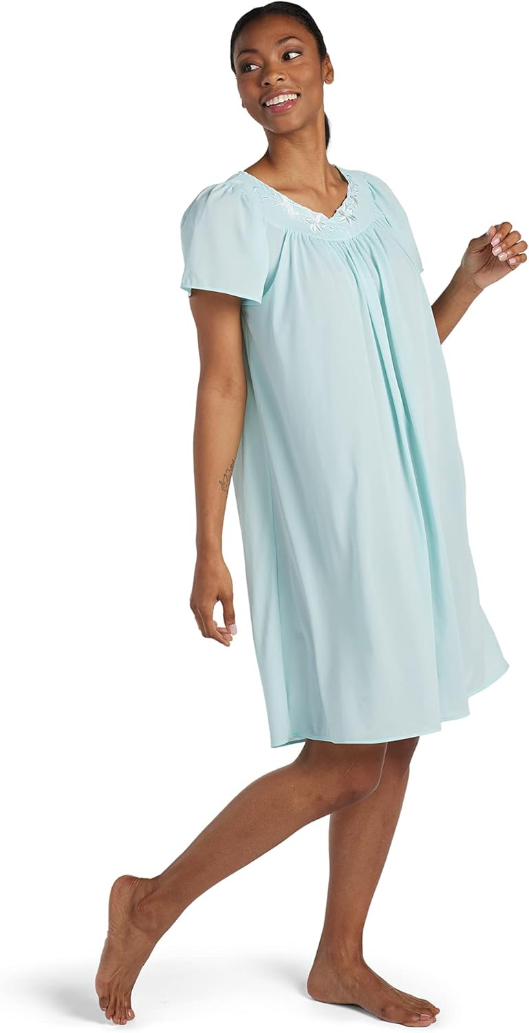 Miss Elaine Women's Short Tricot Nightgown, Flutter Sleeves and Premium Lightweight Fabric, Embroidered Neckline - Image 4