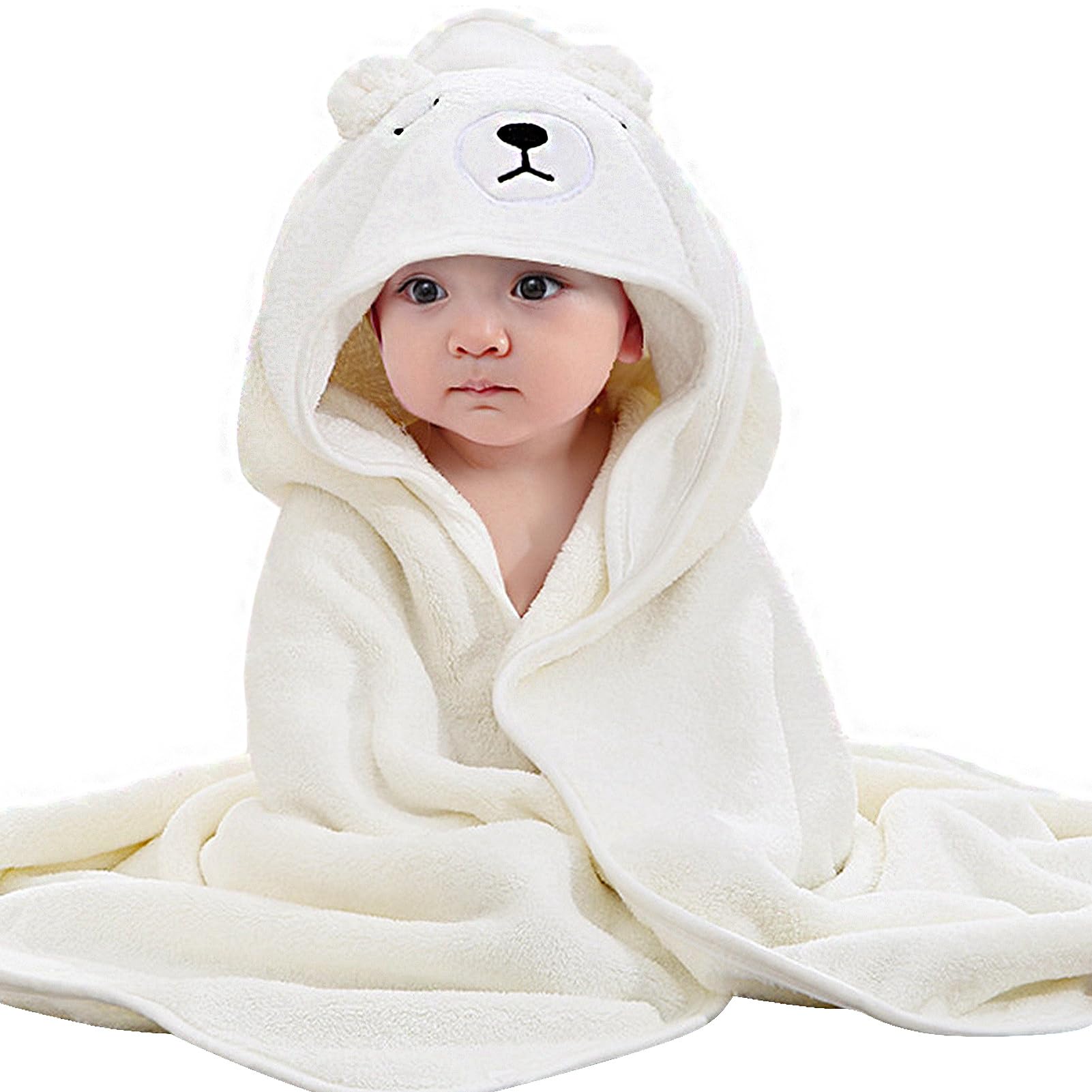 Lvefyti Serviette de bain à capuche pour bébé - 80 x 80 cm - En polaire corail - Pour bébé nouveau-né - Blanc